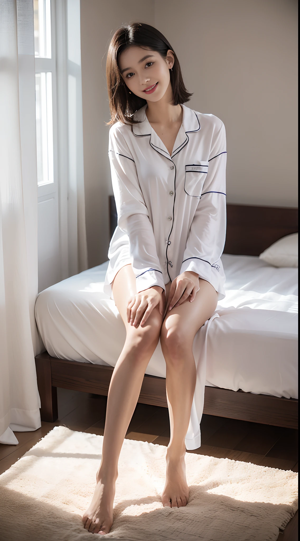 (NSFW), 1womanl, Solo, 24 year old, 7headed body, (cute face), (Ideal ratio body proportions), Bedroom, Sit up, (((white pajama shirt))), (((The lower part of the body is bare))), long , Wet, Clothes are sheer, Smiling smile,shoulder length straight short-hair, Dark hair, small tits, A slender, Small buttocks, beauty legs, Skinny Legs, surrealism, Cinematic lighting, depth of fields, One-person viewpoint, F/1.8, 135 mm, nffsw, masutepiece, ccurate, ((Anatomically correct)), Textured skin, Super Detail, high details, High quality, awardwinning, Best Quality, hight resolution, 8K
