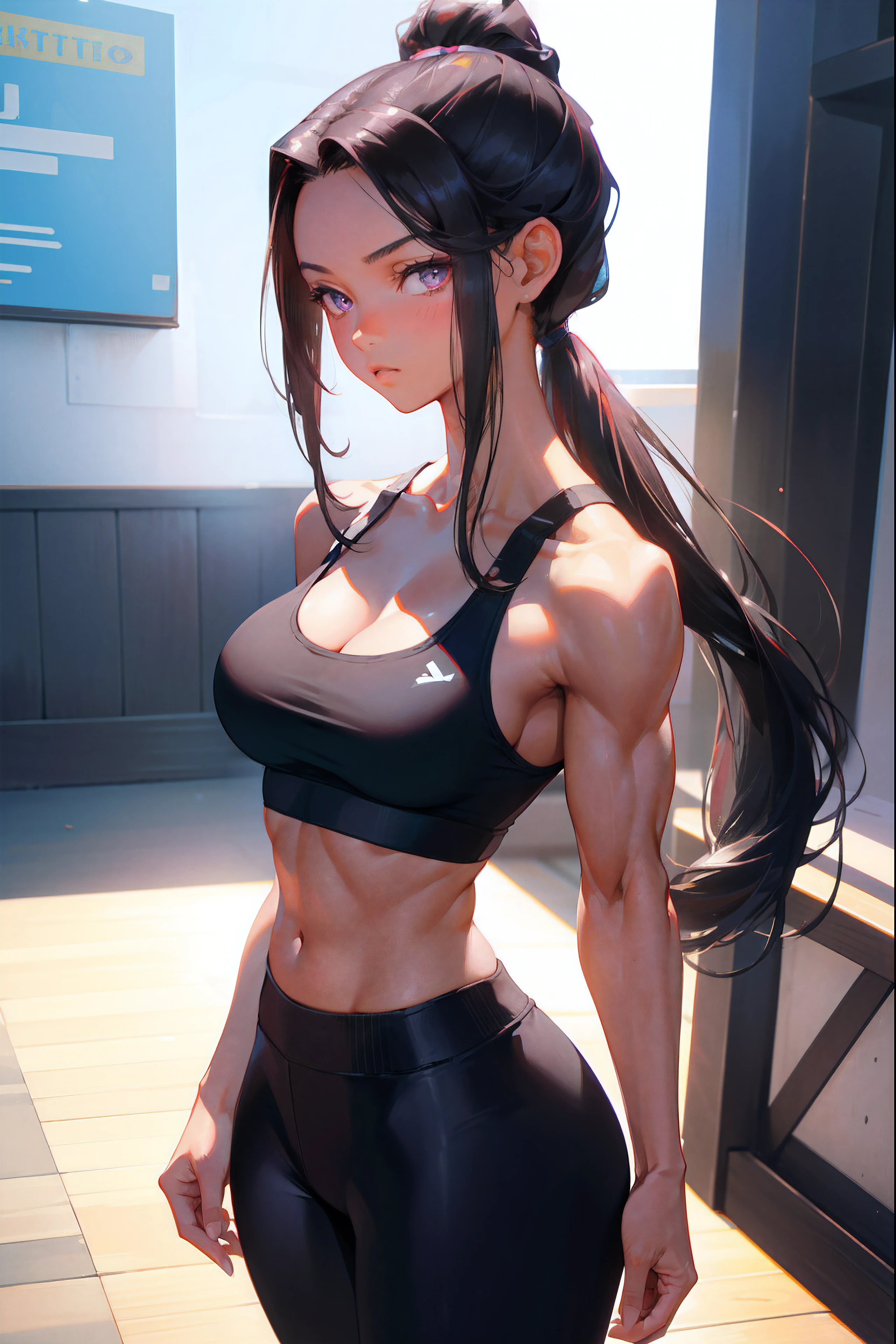 (best quality, highres, photorealistic:1.37), beautiful young woman, long black hair tied in high ponytail, parted bangs, large forehead, large reddish violet eyes, retro anime, old anime, tan, tan skin, muscular, fit, sports bra, black sports bra, black yoga pants, cleavage, tan skin, dark skin, large bust, , black yoga pants, black sports bra, tan skin, dark skin, muscular
