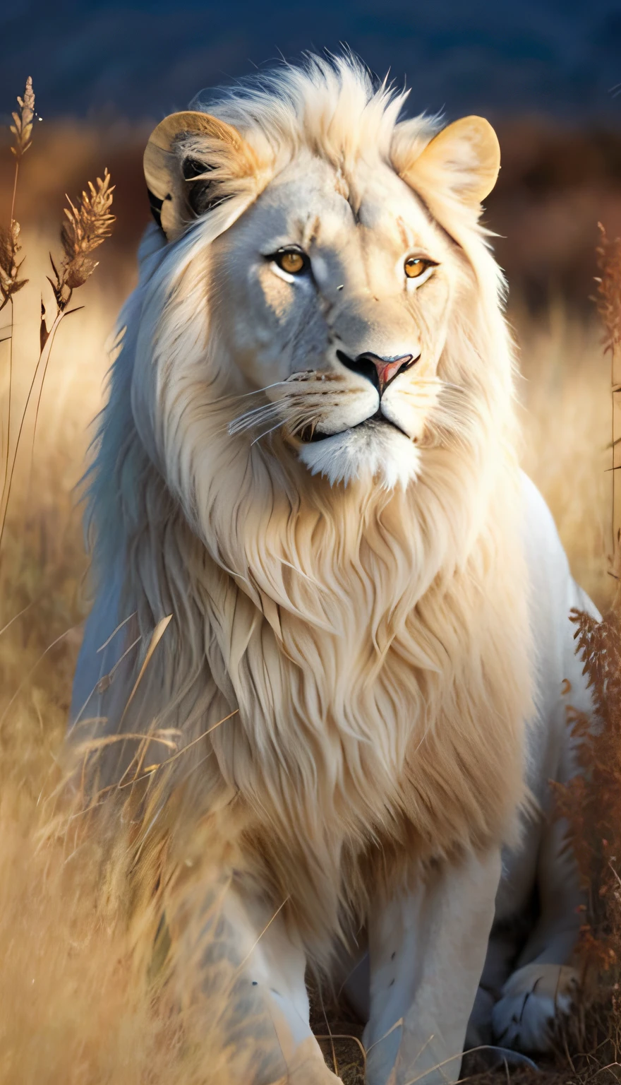 There's a maron lion sitting in the tall grass, majestoso!!! Beautiful!!!, Rei da selva, Beautiful, Beautiful image, Lion, juba branca longa, with the mane of a lion, lindo lindo, Animais bonitos detalhados, Natureza Bonita, Majestade, Aslan the Lion, cores dominantes e azuis, arte bonita, bonito e elegante, me, lindo lindo