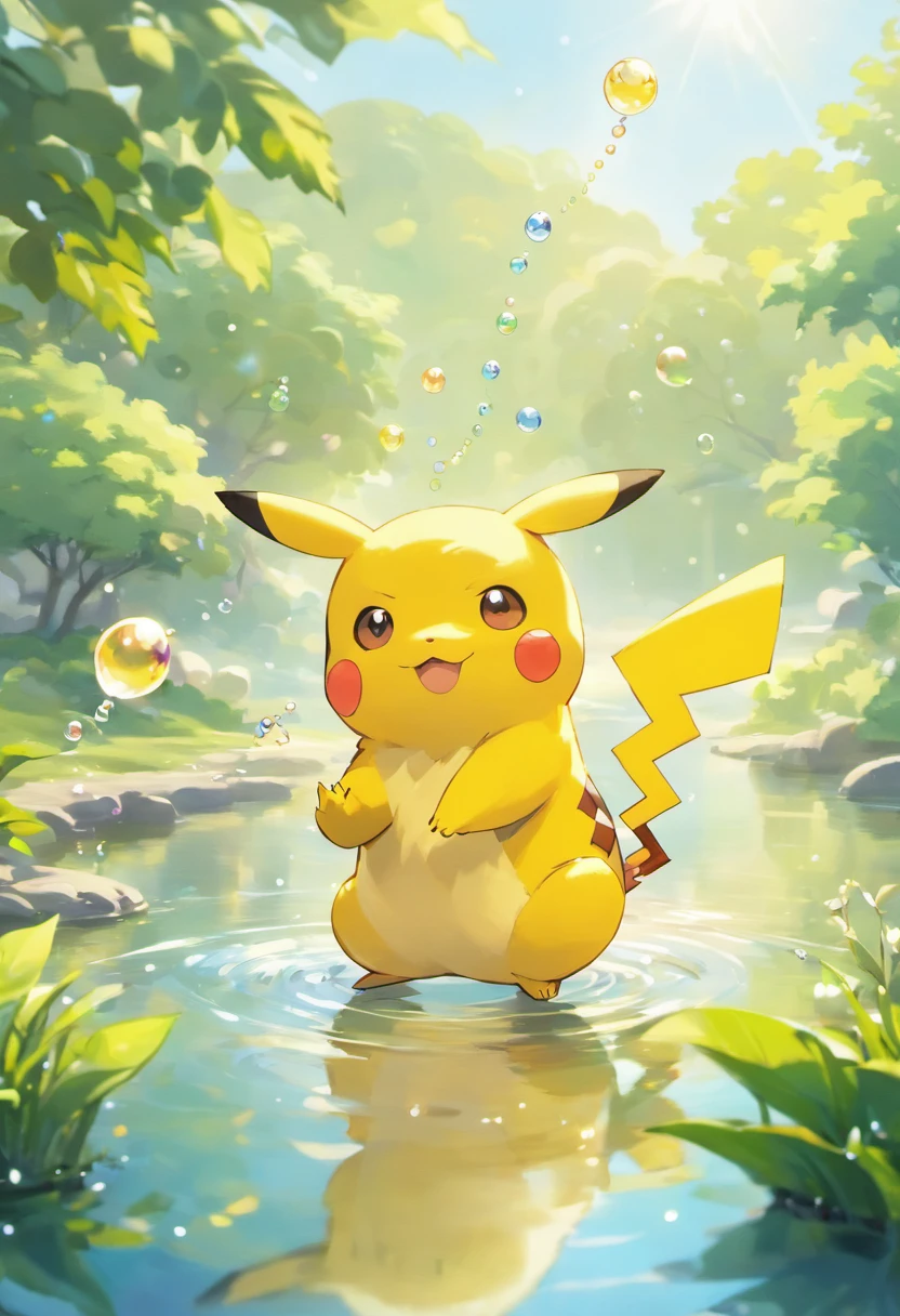 A poignant ultra-high-definition 3D scene showing Pikachu making a wish next to a tranquil lake. Pikachu, lindamente renderizado em detalhes, is seen gently blowing bubbles into the air, each carrying a hopeful desire. As bolhas captam o reflexo do sol poente, criando um sonhador, magical effect. The general atmosphere is tender, full of hope and serenity