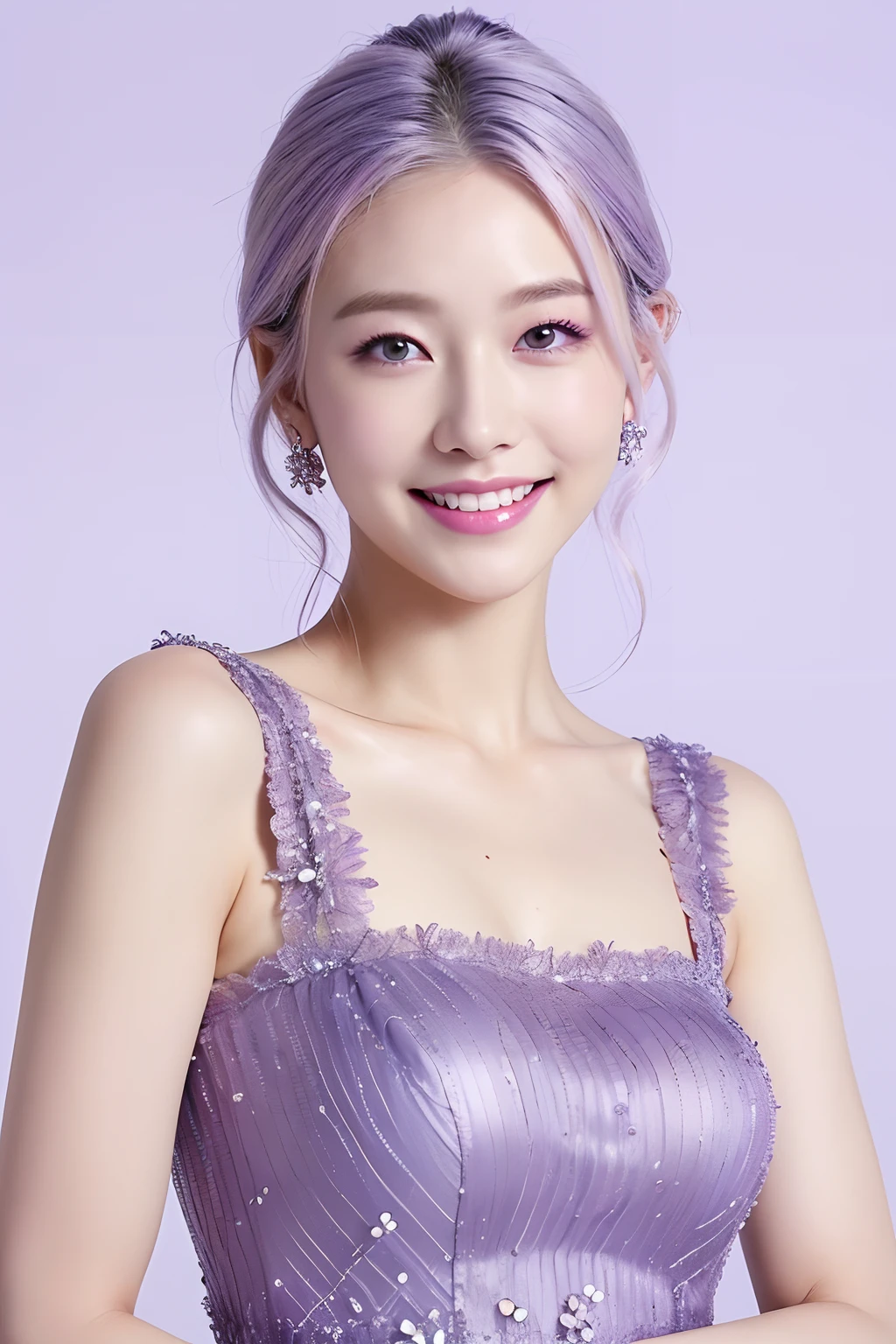 (extra detailed body、extra detailed face、best qualtiy:1.2)、femele、looking at the viewers、(Lavender and white gradient hair color、Purple and dark blue dress、a smile、Fancy makeup、accessorized）