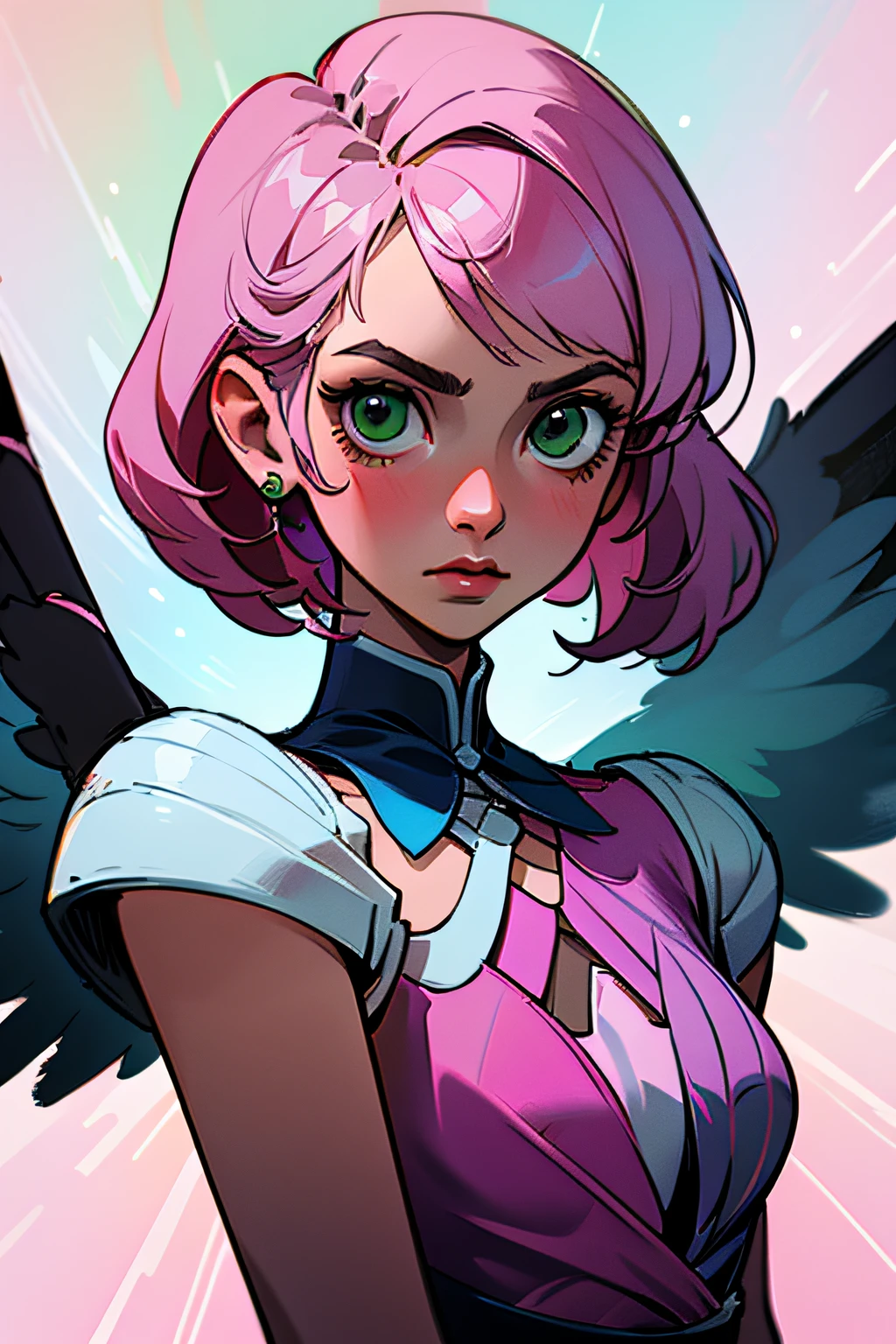 Alisa bosconovitch, melhor qualidade, contemporary, estilo plano, minimalismo, Green Eyes Flat Illustration, cabelo rosa, cabelo curto, cabelos multicoloridos, Camisa Preta, mechanical wings, Head Portrait Close-U, peito pontudo, decote, super decote, middlebreasts, Tekken,cabelo rosa pastel, 1girl, em quimono, hand-painted,Desenho de linha sem cor, Tekken Alisa Bosconovich pink lips, no estilo da paleta de cores suave aurorapunk, an anime illustration of his face, gifs animados, hand drawn animation, charming sketches, suave e brilhante, romantismo nebuloso, estilo superflat, fundo branco - ar 1:1 - niji 5 - estilo expressivo --s 50