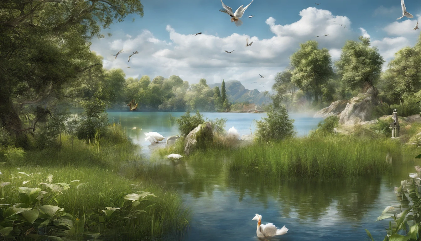 paradise landscape. lake and grass with angels