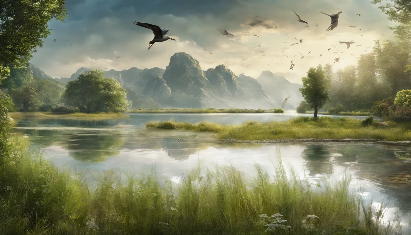 paradise landscape. lake and grass with angels