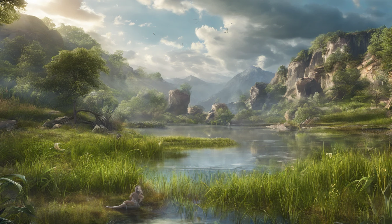 paradise landscape. lake and grass with angels