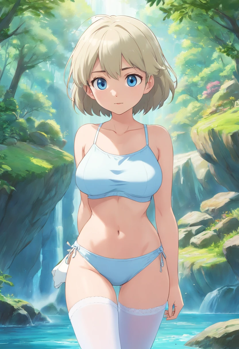 1girll, full bodyesbian, Positive perspective, white backgrounid, standding, No shoes, white stockings, High quality eyes, blue color eyes, Wrist watch, a white bikini, mediuml breasts, No top, Hand hidden behind, UHD, retina, retina, super detail, high details, high quality, ccurate