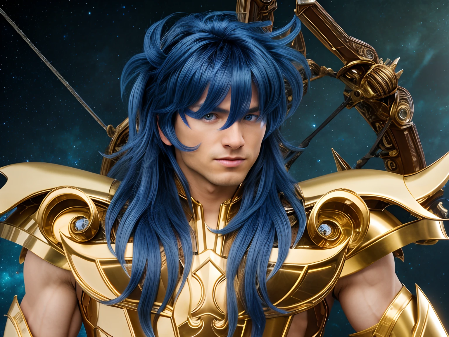 Cinematic stunningly detailed and ultra-realistic Milo Scorpio of Saint Seiya. Close up. He is wearing a golden detailed medieval armor. Shoulder armor. Muscular. He is a handsome caucasian man about 35 years old. 1boy. Detailed face. (Beautiful sharp nose). (Pretty big blue eyes). Perfect eyes. ((Shaved)). He has blue long hair. Messy hair. Bangs. . He is staring his enemy. (full body armor), (detailed armor, high quality), (ornate armor), (hdr), (noble), inspiring, film, cinematic lighting, (no hair adornment).