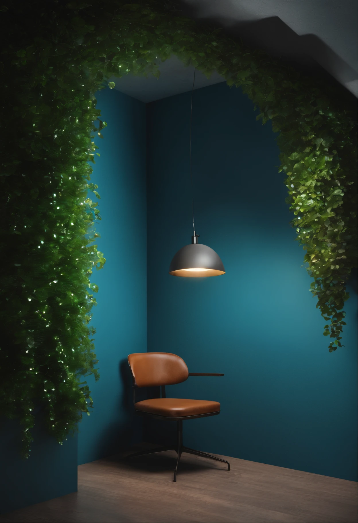 Parede de um estudio utra realista, vista de frente, pois vamos usar em um chroma key. Enquadramento americano. A parede deve conter led azul,  plantas, um aquario de plantas embutido, quadros e uma liminaria saindo da parede