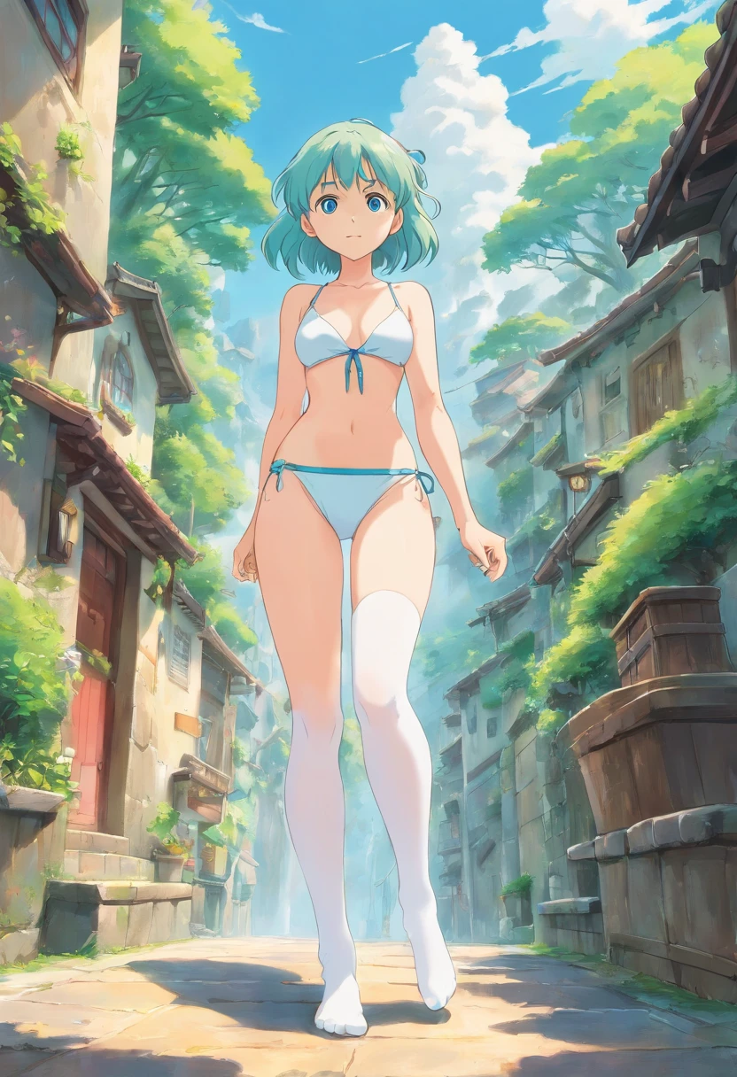 1girll, full bodyesbian, Positive perspective, white backgrounid, standding, No shoes, white stockings, High quality eyes, blue color eyes, Wrist watch, a white bikini, mediuml breasts, No top, Hand hidden behind, jade foot, UHD, retina, retina, super detail, high details, high quality, ccurate