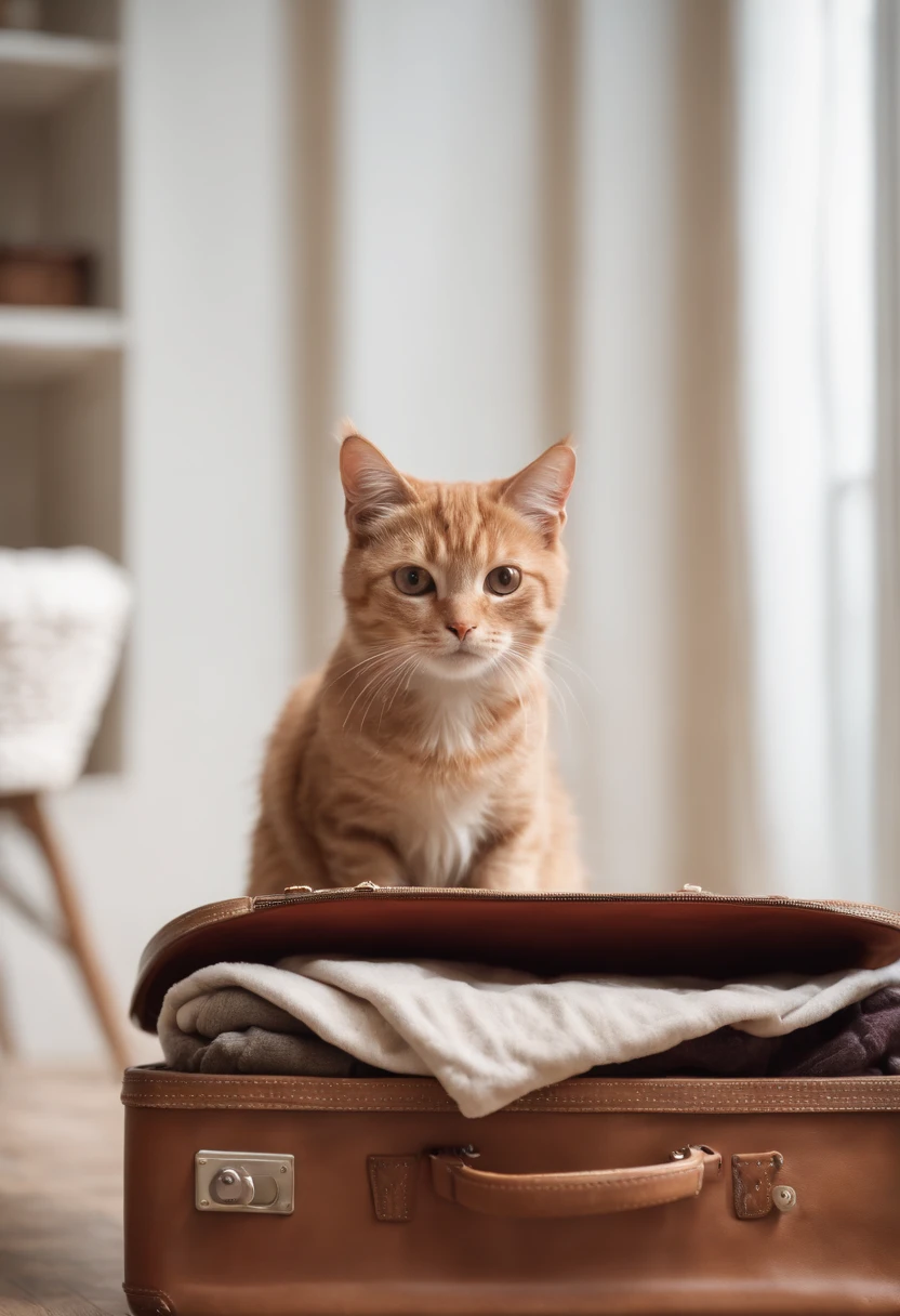 realista, uma mala de viagens aberta, with clothes inside a cat over the clothes that are inside the suitcase