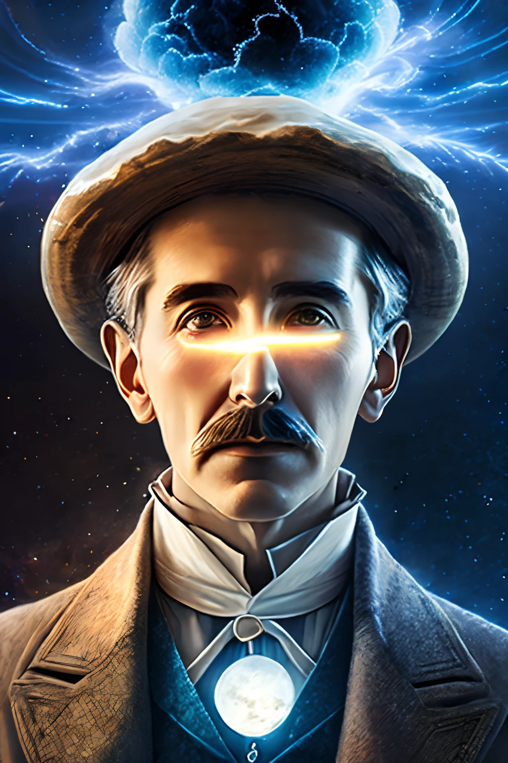 Nikolas Tesla is depicted as an image with a head, And the equations appear in the light of thought. Atomic bomb mushroom cloud, This artistic expression symbolizes his scientific genius, Highlighting Their Contributions, como a teoria da relatividade. These equations represent Einstein's quest for knowledge and his ability to unravel the mysteries of the universe. It is a tribute to the man whose ideas revolutionized our understanding of reality.