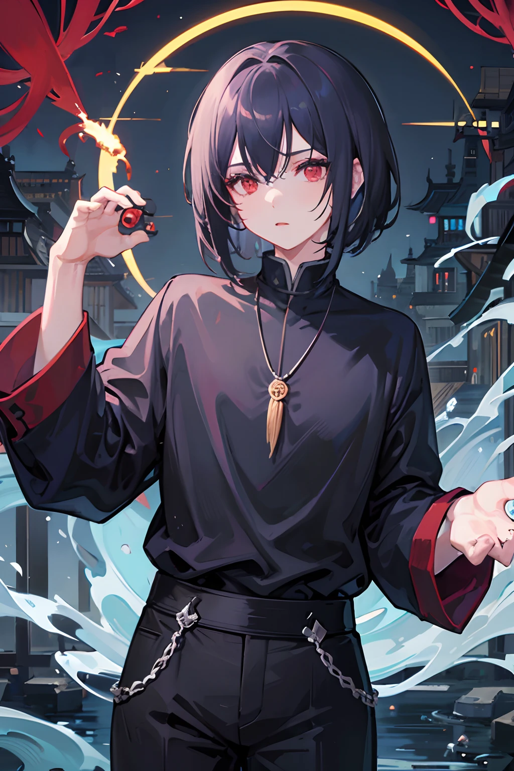 young boy, bob haircut, blue hair, messy hair, red eyes, 4k, Jujutsu Kaisen Artsyle, Ying Yang Necklace, jiangshi purple shirt, blue, big black pants, In a Chinese garden, 4k, Lake in the background, Chinese trees