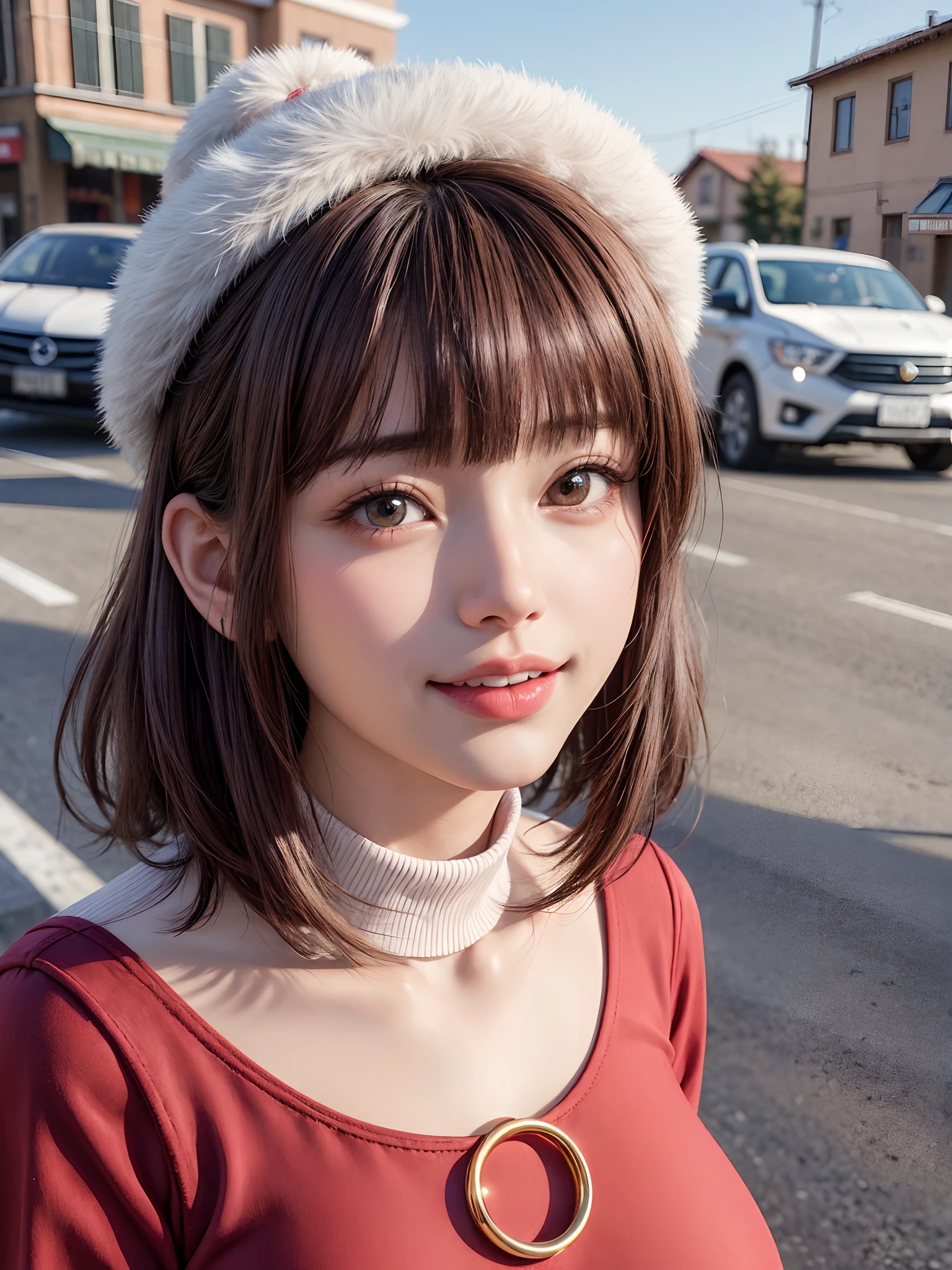 (masutepiece, top-quality、Very attractive adult beauty、Add intense highlights to the eyes、Look firmly at the camera、Beautiful woman full of adult charm),1girl in, 独奏, Light brown shiny hair, muffler,Santa Claus hat,realisitic, looking at the viewers, Bright colored crystal light blue eyes, short shiny hair, Santa Claus Color Star Neck Knit、 Santa Claus costume with turtleneck with a hole in the center of the chest,Sexy white turtleneck red knit sweater with round hole in the center of chest、 s lips, lipgloss，bangss, The upper part of the body、big eye、Lashes、The face is a little red、Embarrassing)、((Road system in Italy in winter))、((Shorthair with bangs、big eye、Put very strong highlights in your students、{Gigantic|Big|Huge|Mega} breasts、very Bigger breasts、gazing at viewer、Very beautiful beauty、Put your ears out、long neck、little smiling、Beautiful teeth、Open your mouth and smile))、28 year old、Very cute supermodel、