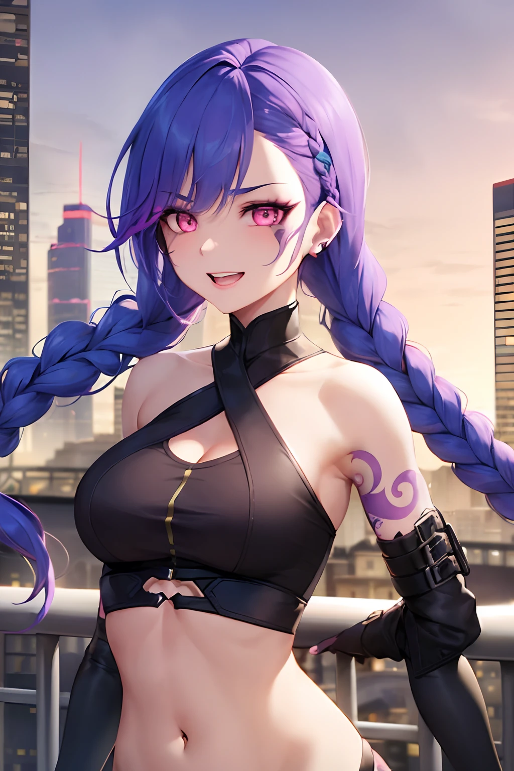 arcane style,
1girl, arm tattoo, asymmetrical bangs, bangs, blue hair, braid, brown shirt, cloud tattoo, looking at viewer, laughing, crazy, uncontrollable laugh, mad look, night, city, green hair, long hair, midriff, pink eyes, red lips, shirt, solo, standing, tattoo, twin braids, upper body, arcane jinx, jinx \(league of legends\)