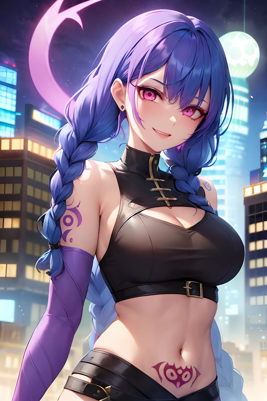 Long Hair,Purple Hair,ponytail, (Hair on one eye:0.8), (Dark Skinned female:1.2), (Dark Skin:1.1),Big Breasts,white,Glowing Skin,Sexy smile