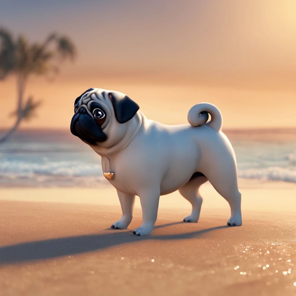 A beautiful Pug dog, desfrutando de um dia ensolarado numa linda praia. Com seus grandes e lindos olhos castanhos brilhantes, Ela brinca nas ondas, with a cheerful expression, compartilha a alegria. The illustration, em estilo Disney, It's high definition, com detalhes faciais delicados e visuais impressionantes, providing a 4K quality visual experience/8k.