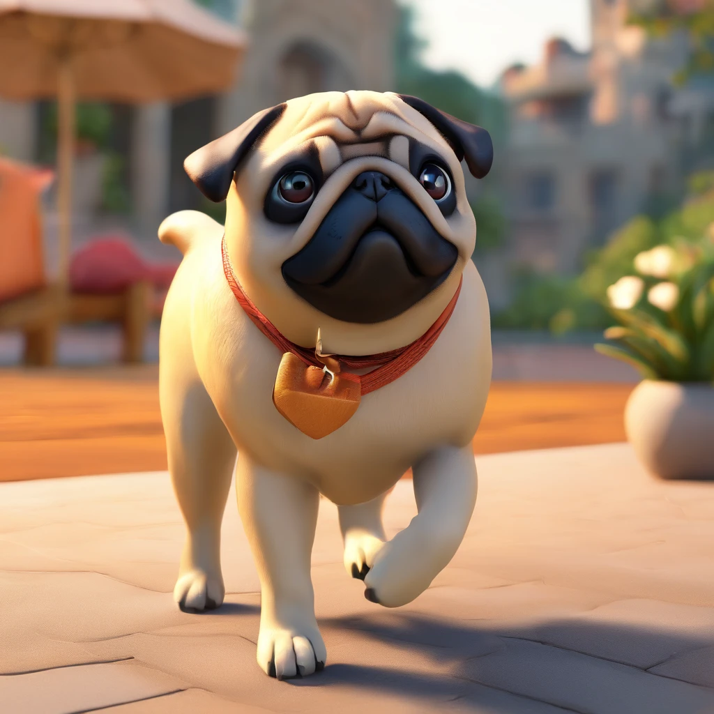 A beautiful Pug dog, desfrutando de um dia ensolarado numa linda praia. Com seus grandes e lindos olhos castanhos brilhantes, Ela brinca nas ondas, with a cheerful expression, compartilha a alegria. The illustration, em estilo Disney, It's high definition, com detalhes faciais delicados e visuais impressionantes, providing a 4K quality visual experience/8k.
