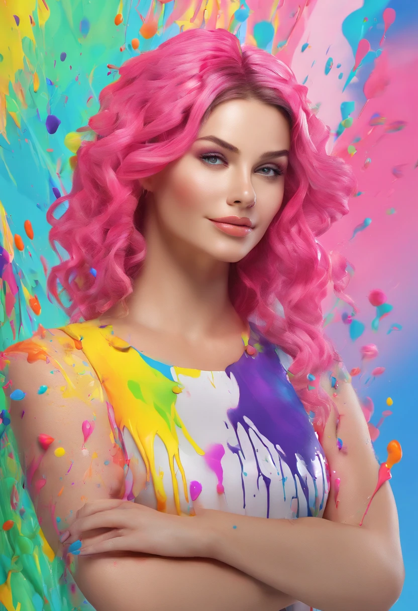 (Obra-prima, melhor qualidade, alta resolução), fundo branco, ((Paint splash, Color splash, Splash of Ink, Color splash)), mulher gravida Girl, Rainbow Hair, Pink Lips, Frente, Pregnant woman