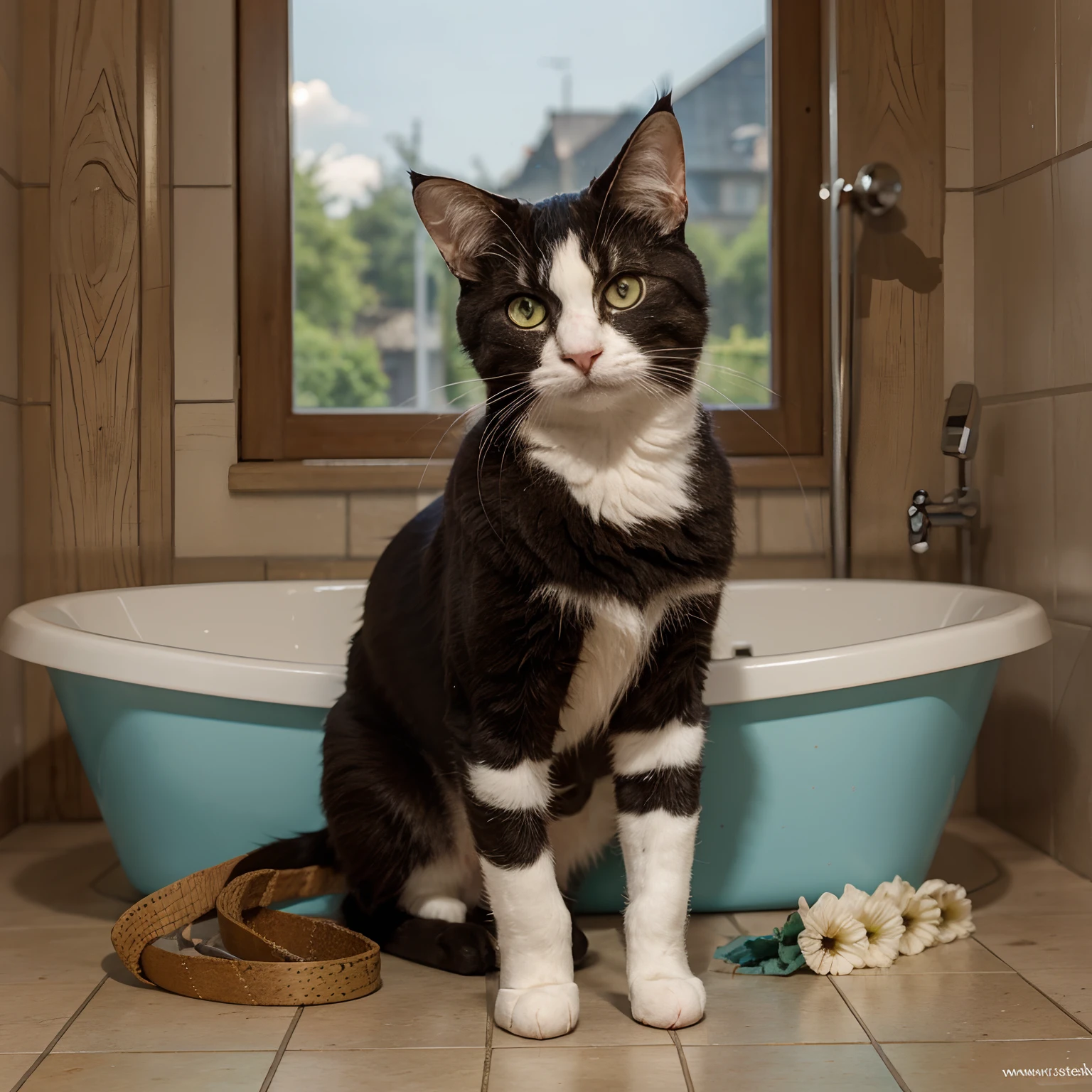 Meisterwerk, highest quality, viele details, lila katze in einem sumpf, Hintergrund wald