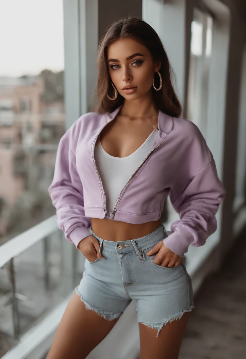 arafat woman in matching streetwear, sexy girl with brown eyes, portrait Sophie Mudd, brown hair and big eyes, young woman selfie, bedroom eyes, purple myers, no makeup, natural makeup, looking directly into the camera, face with artgram, subtle makeup, stunning full body shot , in a gym, cleavage