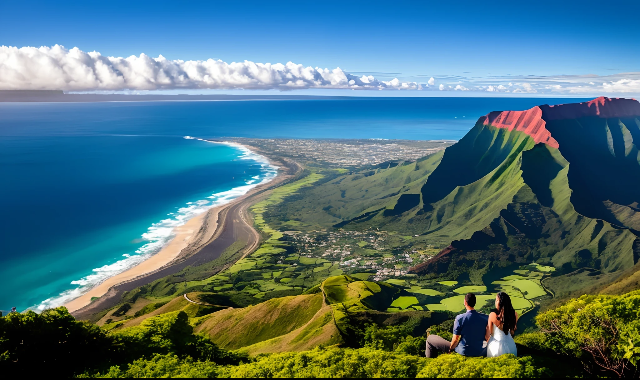 Create an image of couple enjoying scenic views mountains and shores through helicopter ride in Kauai