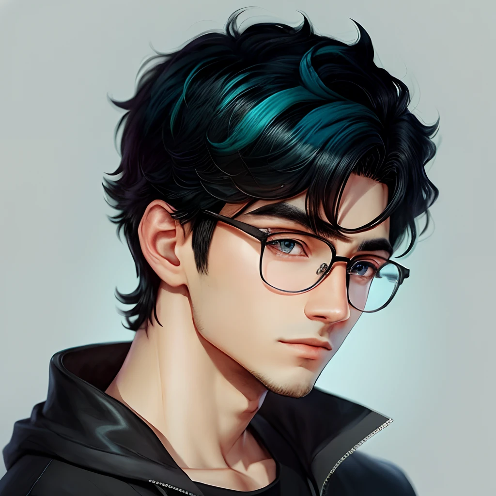 anime boy with black hair, blue highlights, glasses, and brown eyes.