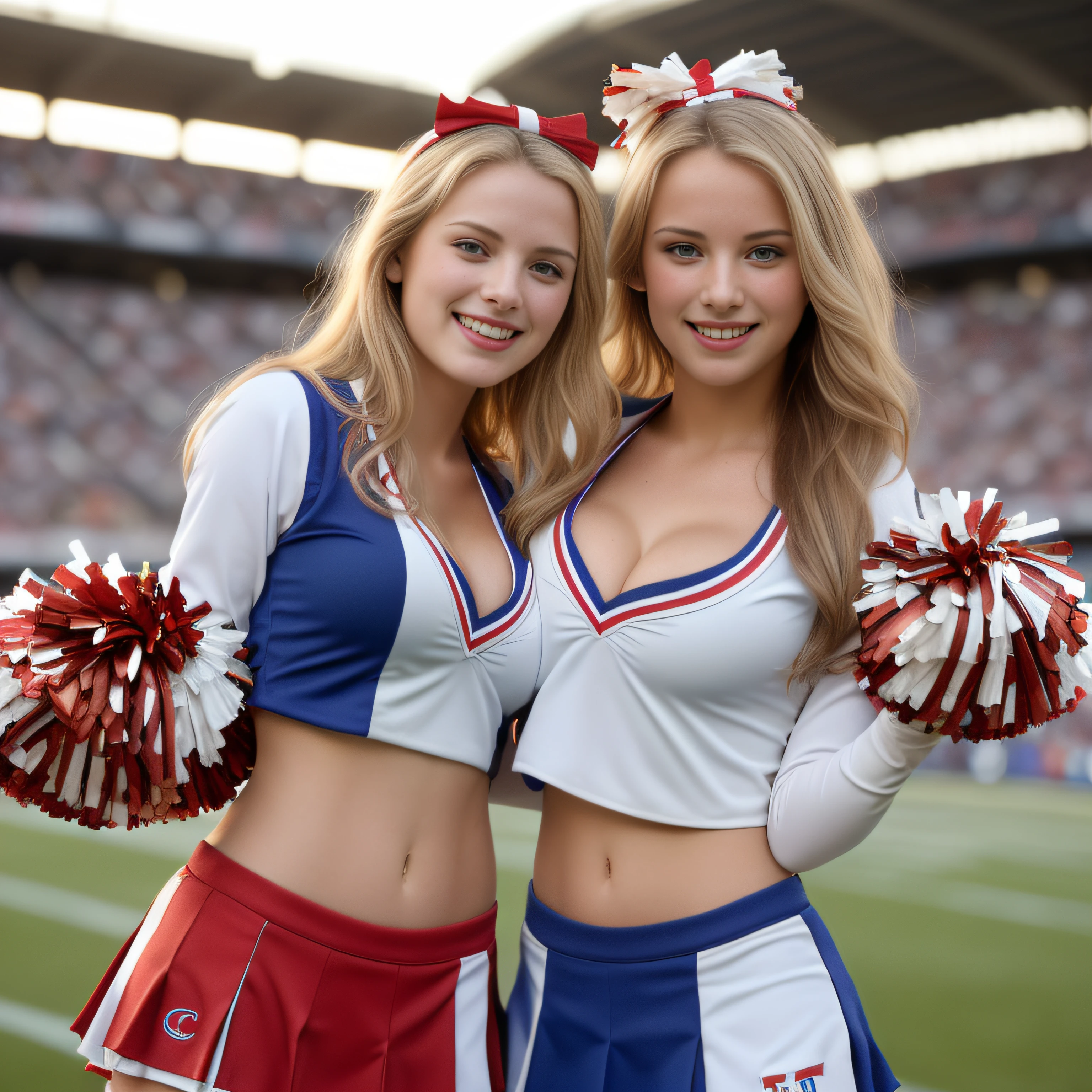 (Cute innocent white 12 year old twin sisters:1.2), both with long messy blonde hair, ponytails, blue eyes, (fully nude), revealing colorful cheerleader outfit, (round firm breasts), (topless:1.2), posing on soccerfield, smiling, happy, selfie, sunny day, ultra realistic, 4k, exquisite, girly, playful, Pretty, looking at viewer, game day, cheering, cheerleader pom poms, dynamic pose,