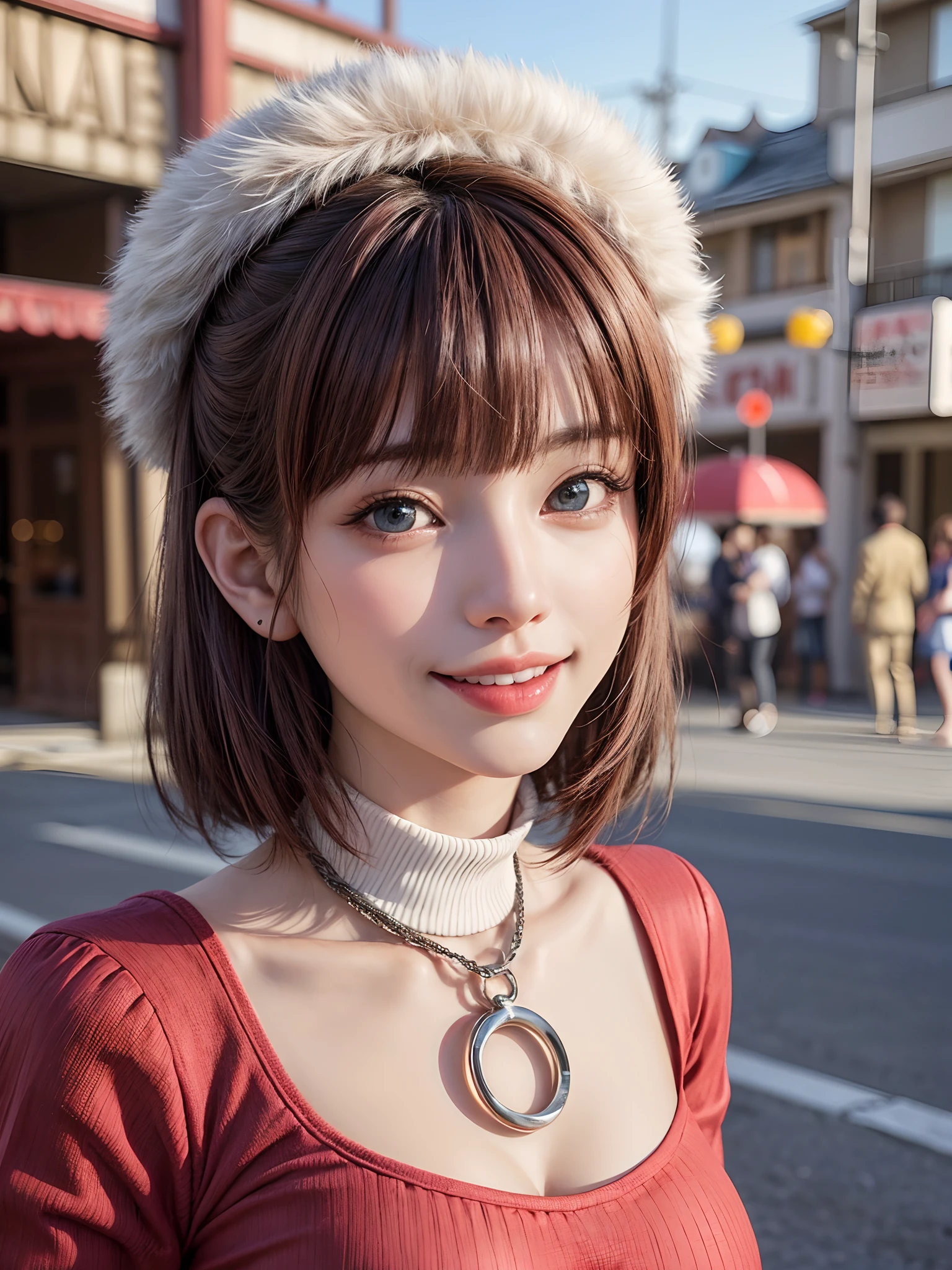 (masutepiece, top-quality、Very attractive adult beauty、Add intense highlights to the eyes、Look firmly at the camera、Beautiful woman full of adult charm、ideal ratio body proportions),1girl in, 独奏, Light brown shiny hair, muffler,Santa Claus hat,realisitic, looking at the viewers, Bright colored crystal light blue eyes, short shiny hair, Santa Claus Color Star Neck Knit、 Santa Claus costume with turtleneck with a hole in the center of the chest,Sexy white turtleneck red knit sweater with round hole in the center of chest、 s lips, lipgloss，bangss, The upper part of the body、big eye、Lashes、The face is a little red、Embarrassing)、((Road system in Italy in winter))、((Shorthair with bangs、big eye、Put very strong highlights in your students、{Gigantic|Big|Huge|Mega} breasts、very Bigger breasts、gazing at viewer、Very beautiful beauty、Put your ears out、long neck、little smiling、Beautiful teeth、Open your mouth and smile))、28 year old、Very cute supermodel、