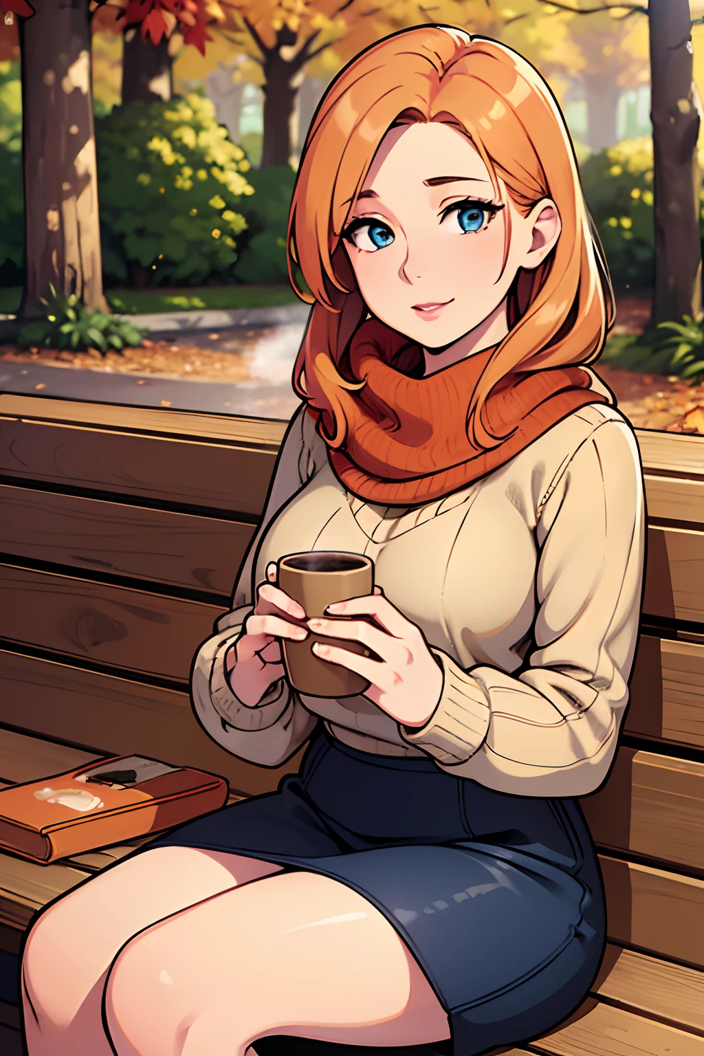 (best quality,4k,8k,highres,masterpiece:1.2),ultra-detailed,(realistic,photorealistic,photo-realistic:1.37),beautiful young woman,long strawberry blonde hair,soft blue eyes,red lipstick,medium breasts,drinking a pumpkin spice latte,sitting on a park bench in November,natural sunlight filtering through the trees,faint autumn leaves falling gently,cozy scarf wrapped around her neck,stylish and warm knitted sweater,graceful posture,peacefully reading a book,bag with autumn colors,crisp air and gentle breeze,rustling of leaves as she moves,vibrant orange and red hues of the surrounding foliage,delicate steam rising from the hot drink,calm and serene atmosphere,timeless beauty captured in every detail.
