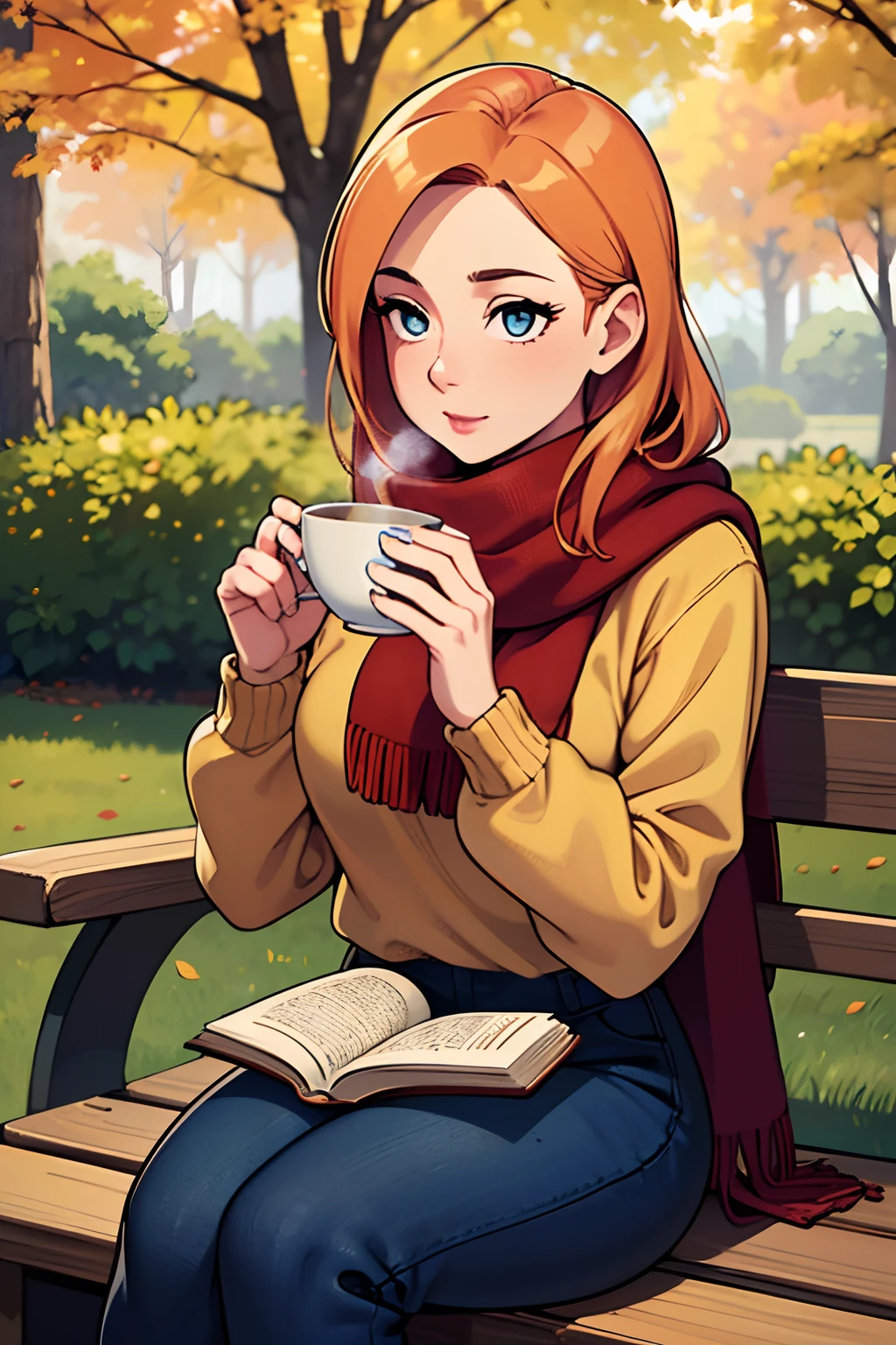 (best quality,4k,8k,highres,masterpiece:1.2),ultra-detailed,(realistic,photorealistic,photo-realistic:1.37),beautiful young woman,long strawberry blonde hair,soft blue eyes,red lipstick,medium breasts,drinking a pumpkin spice latte,sitting on a park bench in November,natural sunlight filtering through the trees,faint autumn leaves falling gently,cozy scarf wrapped around her neck,stylish and warm knitted sweater,graceful posture,peacefully reading a book,bag with autumn colors,crisp air and gentle breeze,rustling of leaves as she moves,vibrant orange and red hues of the surrounding foliage,delicate steam rising from the hot drink,calm and serene atmosphere,timeless beauty captured in every detail.