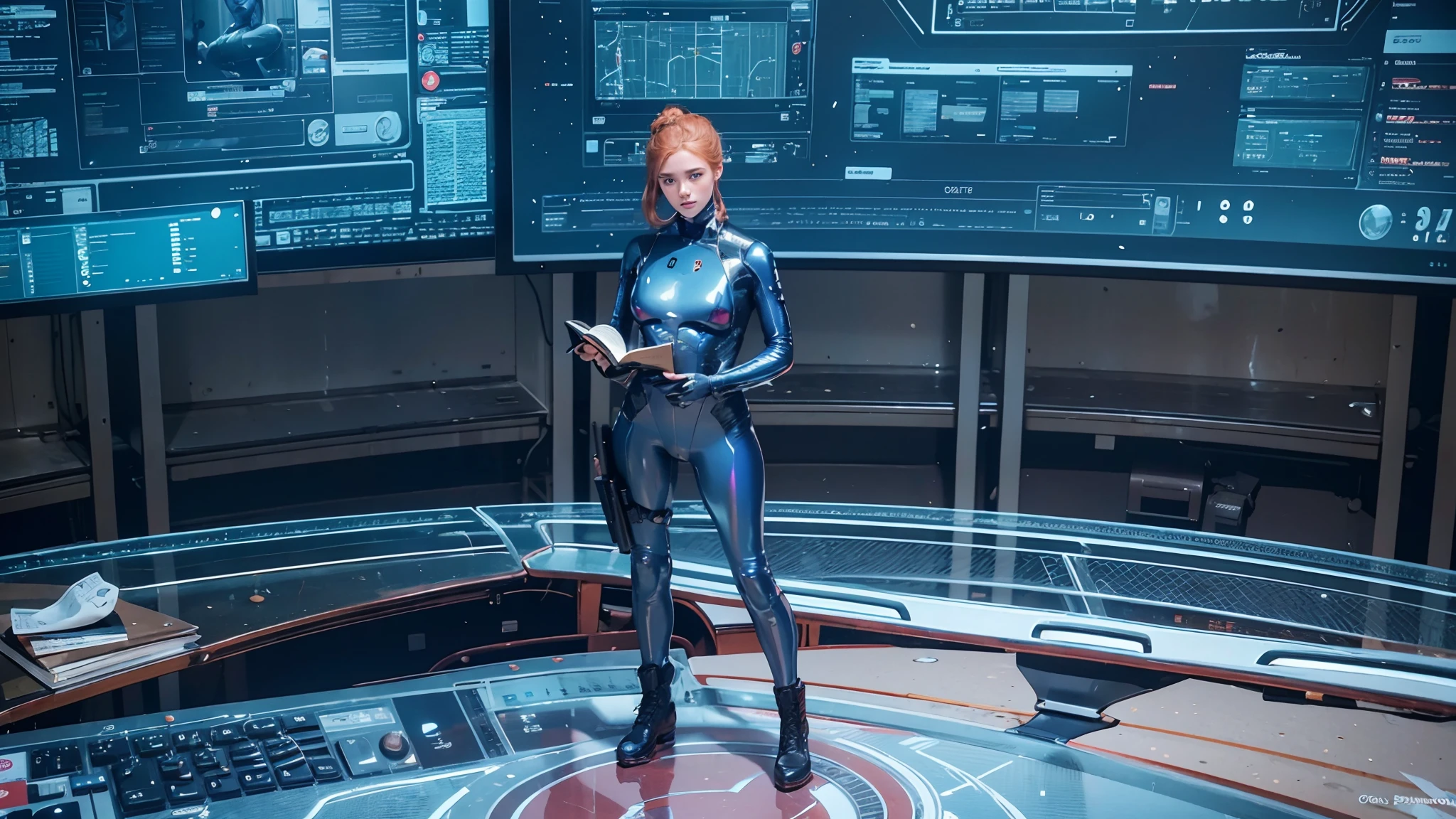 (realistic:1.4), strawberry blonde hair, reading book, standing, futuristic, solo, military hair bun, brown eyes, holographic screen, blue bodysuit, tactical gear. Gorgeous woman, detailed face, control room, holding book,