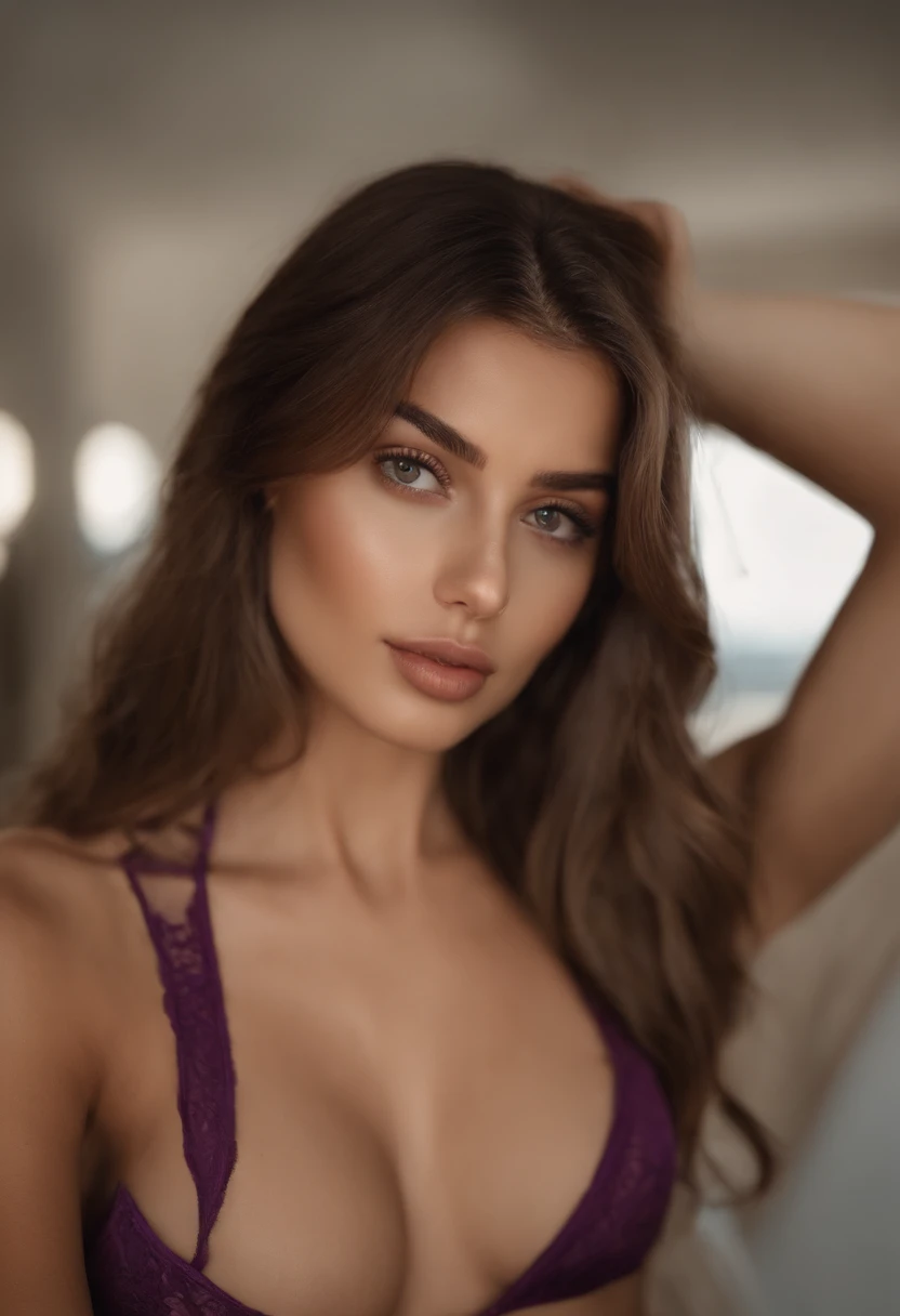 arafat woman in lingerie, sexy girl with brown eyes, portrait Sophie Mudd, brown hair and big eyes, young woman selfie, bedroom eyes, purple myers, no makeup, natural makeup, looking directly into the camera, face with artgram, subtle makeup, stunning full body shot , in a gym, cleavage