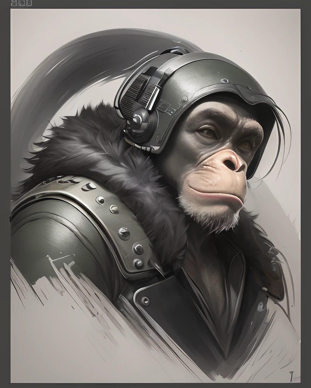 “Create a striking image of a ShadowNoir chimpanzee in military attire inspired by the CS:GO style. This ink drawing should be rendered in stunning 4k UHD resolution, guaranteeing the highest quality. Include intricate details, complex shading, and exceptional uplighting to make this artwork magnificent. Incorporate a variety of perspectives and camera lens effects to capture the essence of CS:GO’s visual style. Consider artists like Frank Frazetta, H.R. Giger, and Syd Mead as sources of inspiration for this creation --auto --s2