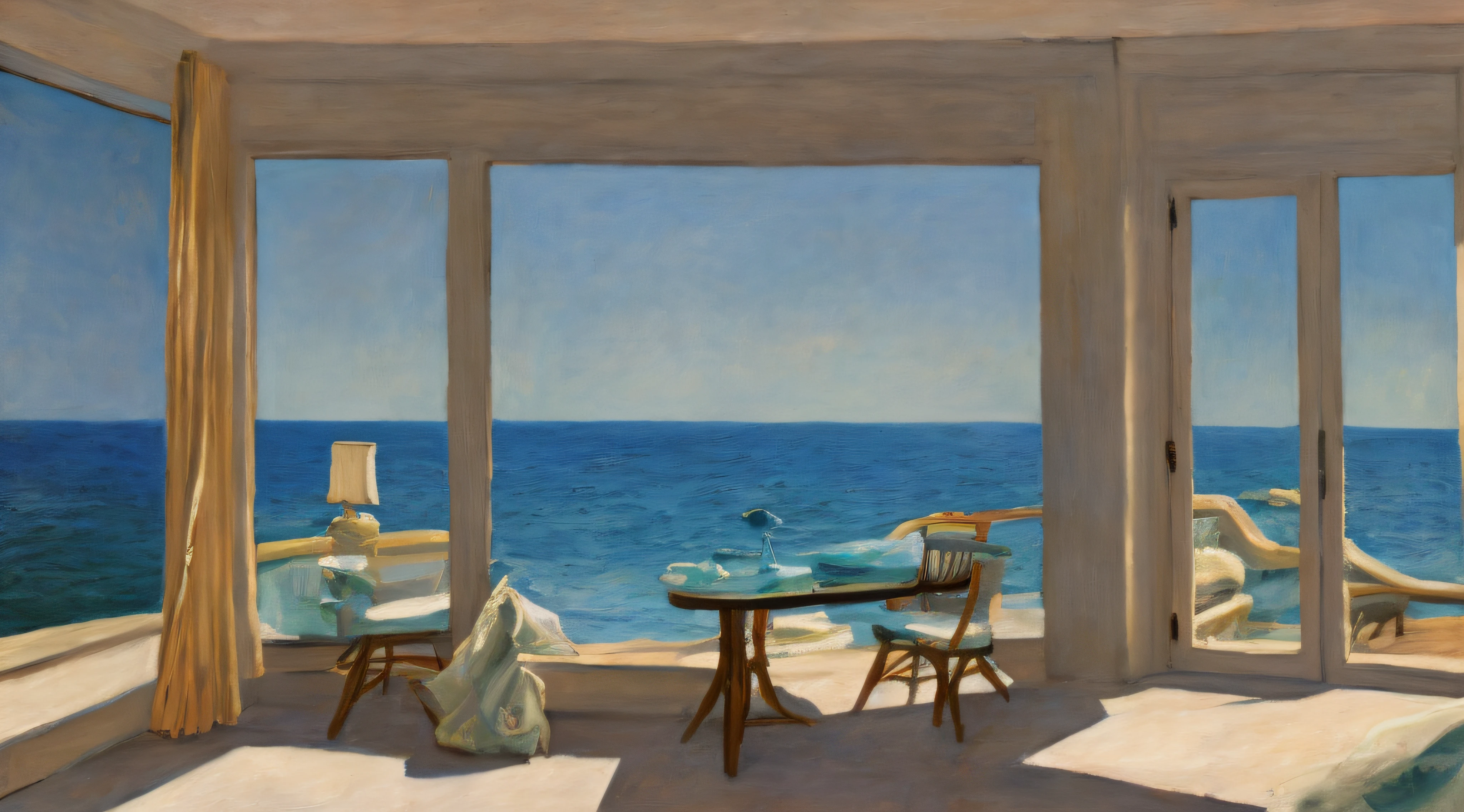 painting of a room with a view of the ocean and a chair, (edhop_style:1.3), oil on canvas, (American Realism:1.1), cinematic lighting vibrant colors and sharp focus and Bokeh Panorama