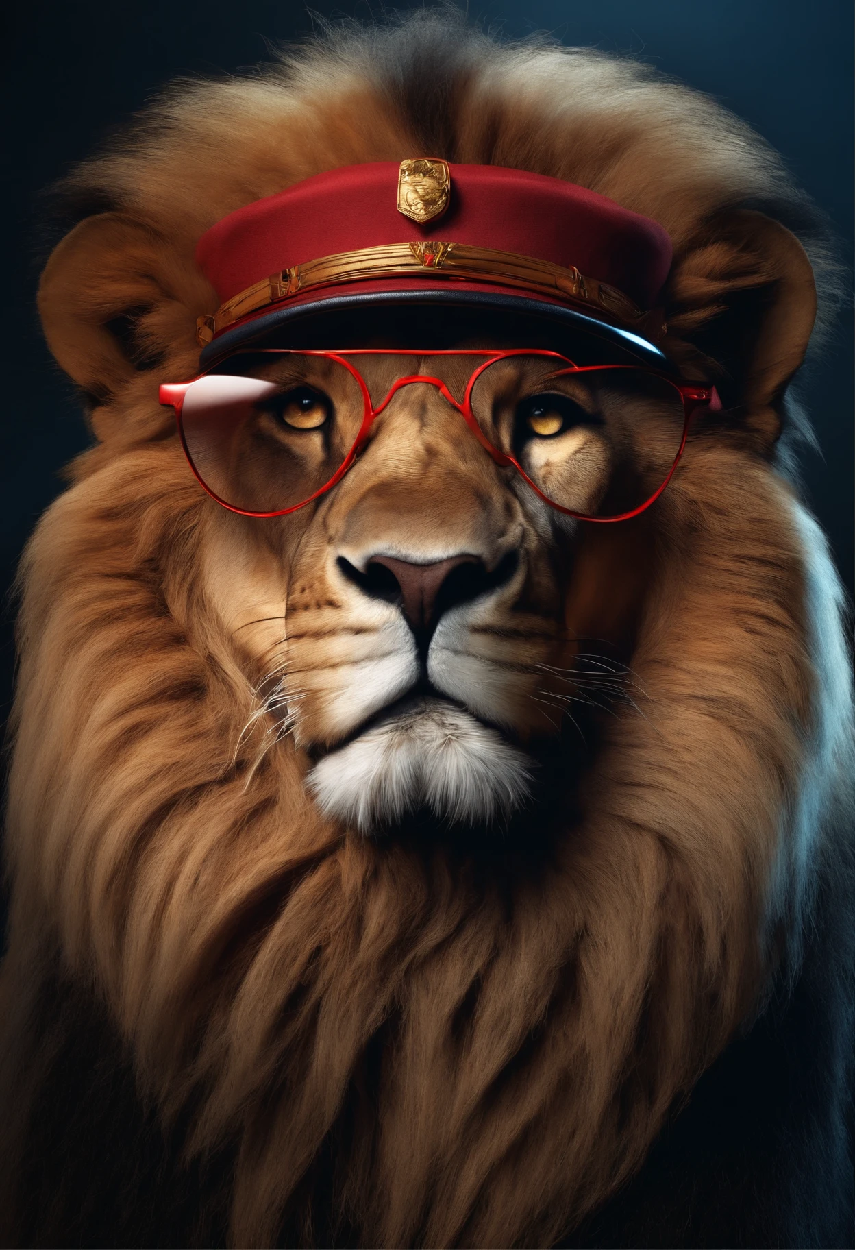lion , 3d , 8k , artwork , high qualite wearing redhat and cool glasses