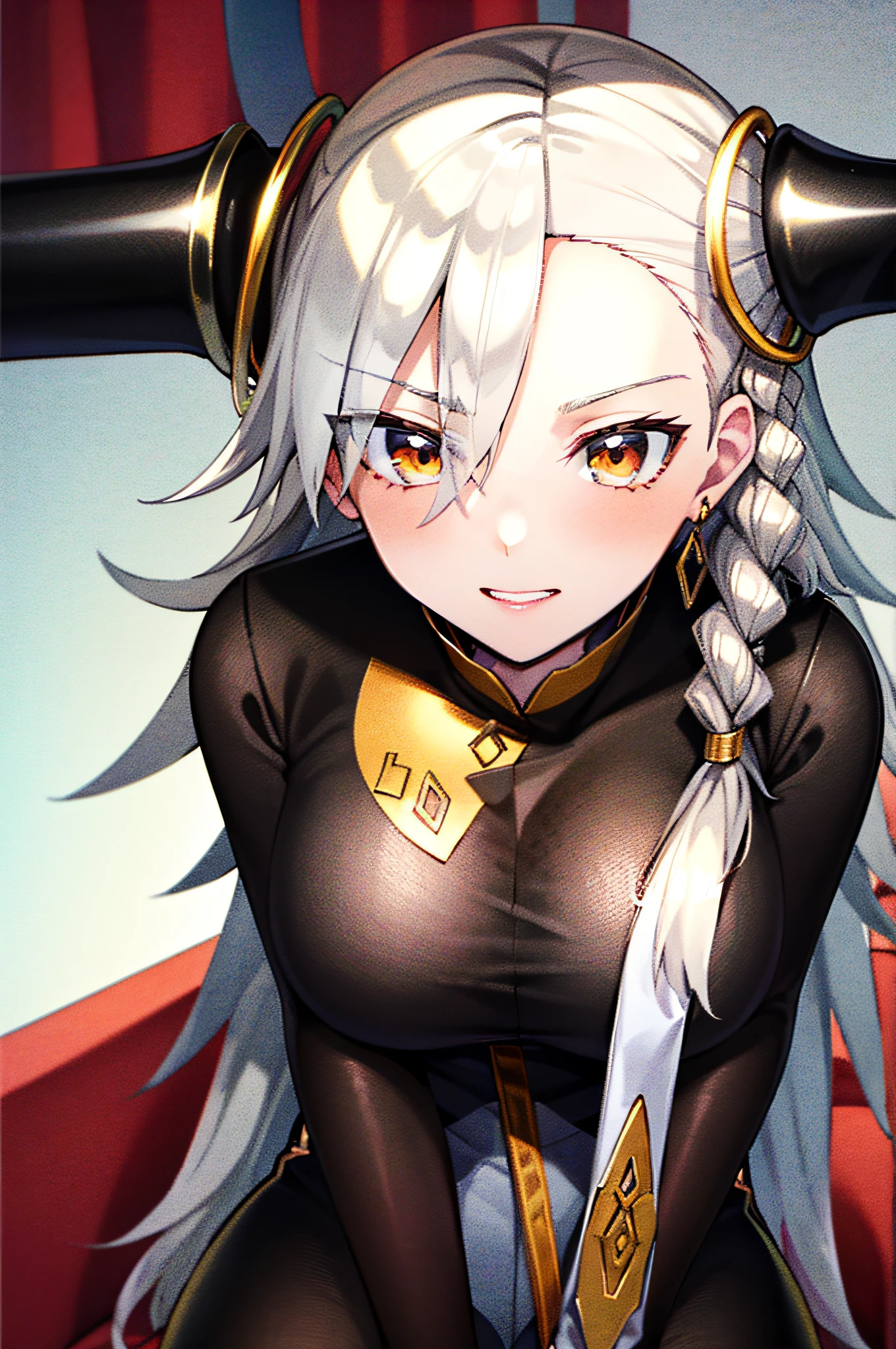 1girl, aegir \(azur lane\), azur lane \\\\\ masterpiece, best quality, very aesthetic, absurdres, newest \\\\\\ sportive body,  \\\\\\ by nyantcha,,by cutesexyrobutts,by khyle ///// white hair with a single prominent red streak, black horns, yellow eyes, \\\\\\ white background,standing, catsuit