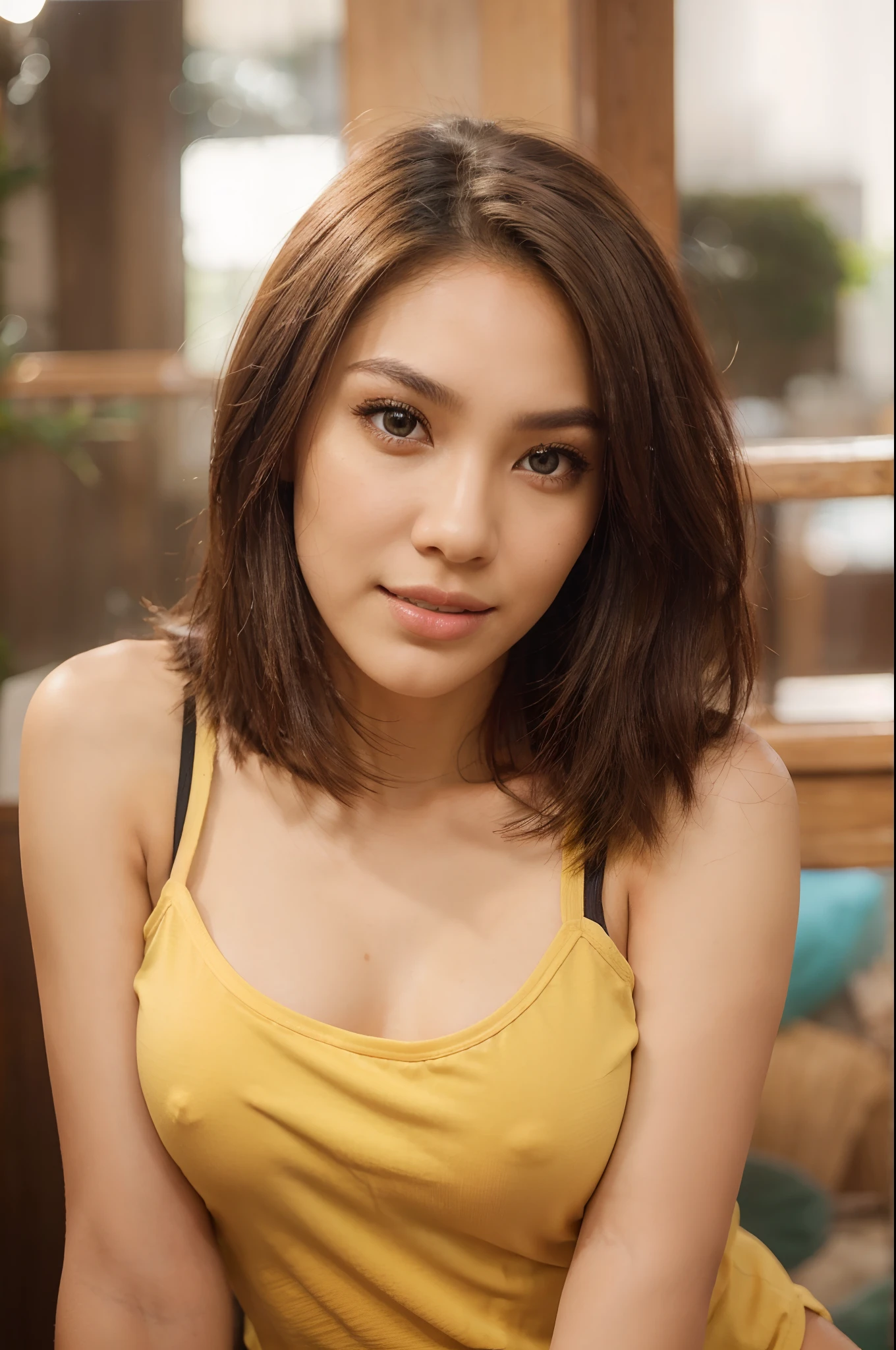 best quality, masterpiece, ultra high res, (photorealistic:1.2), (detailed face:1.2), (detailed eyes:1.2), (detailed hair:1.2), (detailed clothes:1.2), 4k, ager, beautiful indonesian woman, gorgeous indonesian face, short hair, slender body, small breast, gorgeous face and figure, white hair, jaw-dropping beauty, with beautiful exotic, sexy girl, absolutely outstanding image, posing for a picture, attractive body, natural makeup, sultry look, dramatic soft shadow lighting, perfectly lit face, yellow tanktop, wide smile