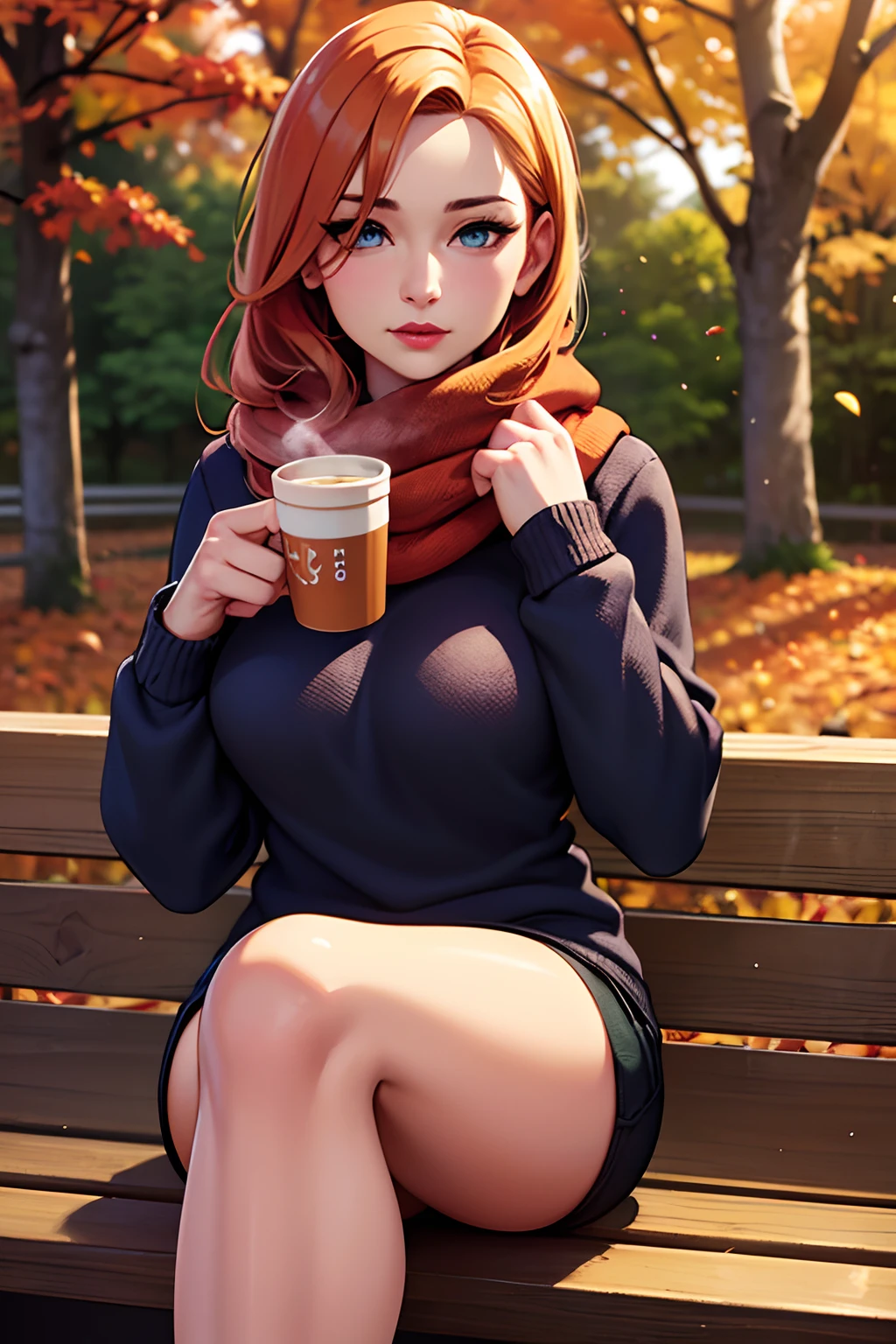 (best quality,4k,8k,highres,masterpiece:1.2),ultra-detailed,(realistic,photorealistic,photo-realistic:1.37),beautiful young woman,long strawberry blonde hair,soft blue eyes,red lipstick,medium breasts,drinking a pumpkin spice latte,sitting on a park bench in November,natural sunlight filtering through the trees,faint autumn leaves falling gently,cozy scarf wrapped around her neck,stylish and warm knitted sweater,graceful posture,peacefully reading a book,bag with autumn colors,crisp air and gentle breeze,rustling of leaves as she moves,vibrant orange and red hues of the surrounding foliage,delicate steam rising from the hot drink,calm and serene atmosphere,timeless beauty captured in every detail.