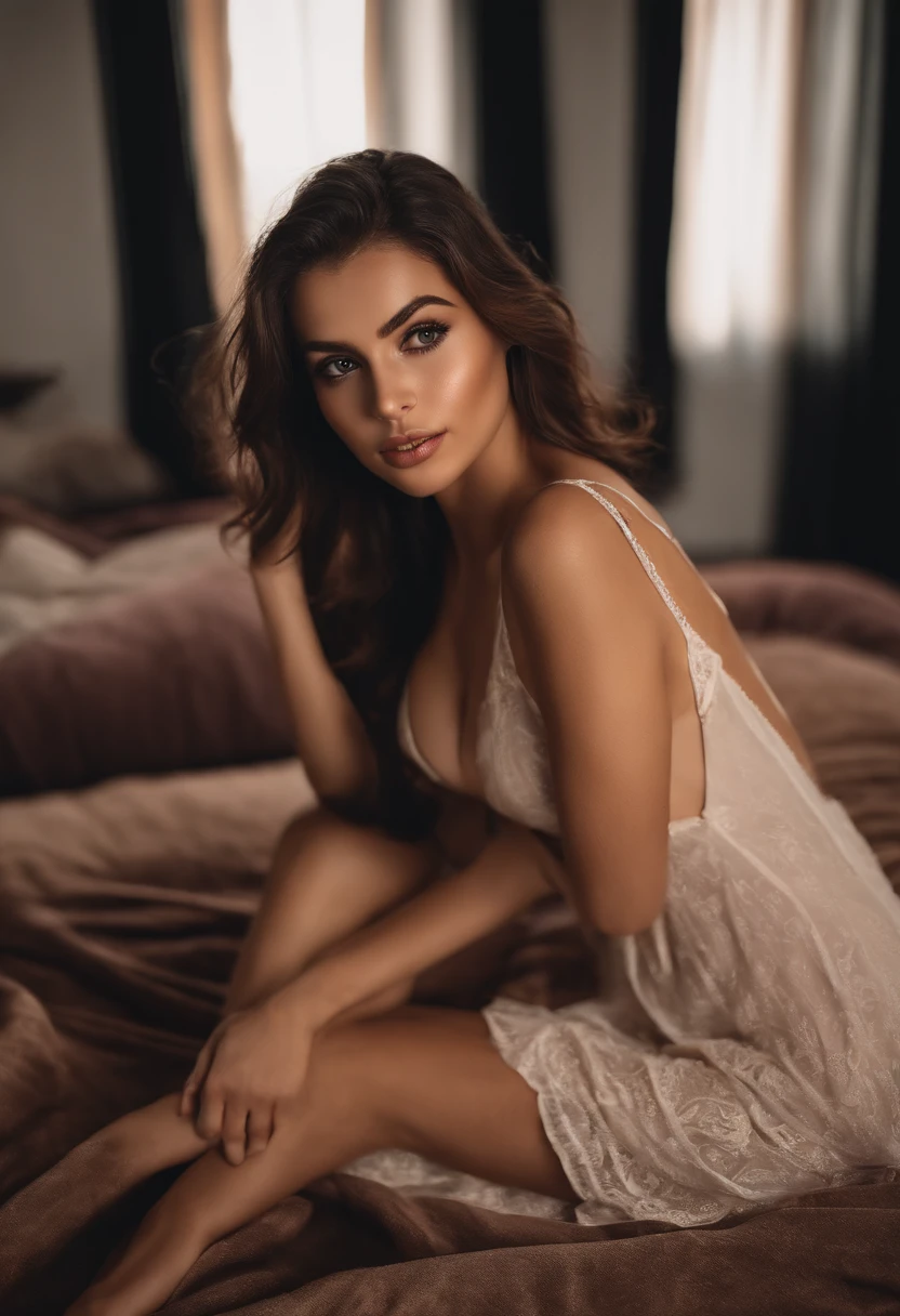 arafat woman in lingerie, sexy girl with brown eyes, portrait Sophie Mudd, brown hair and big eyes, young woman selfie, bedroom eyes, purple myers, no makeup, natural makeup, looking directly into the camera, face with artgram, subtle makeup, stunning full body shot , in a bed, cleavage