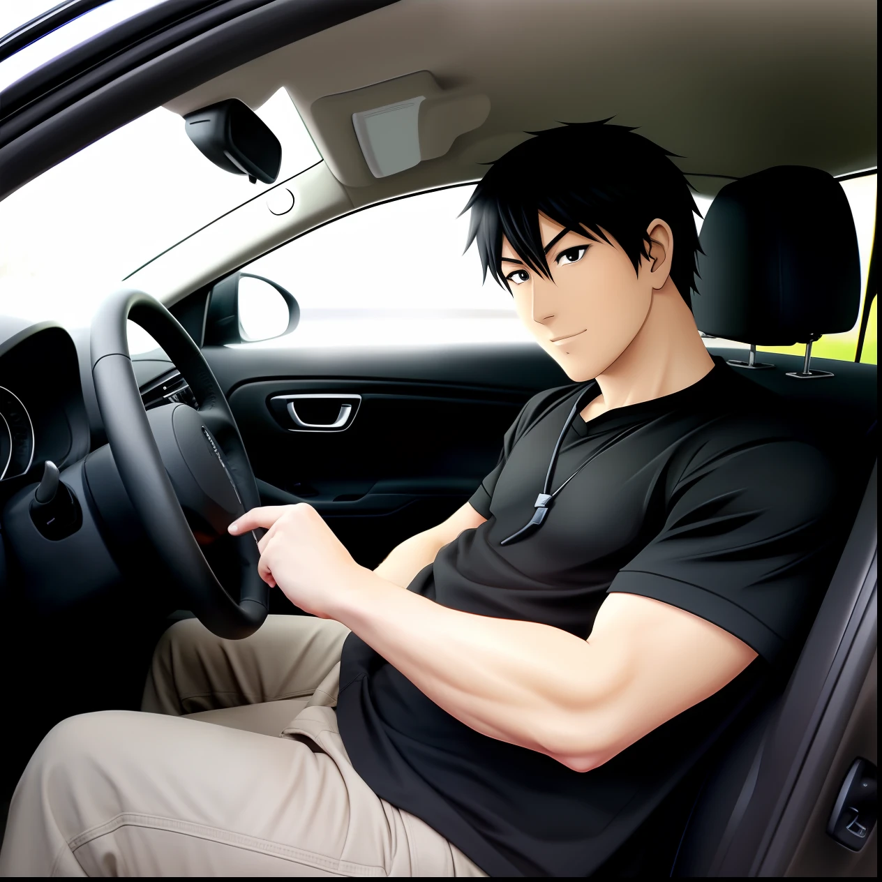 There's a man in a black shirt sitting in a car, anime , realistic animation style