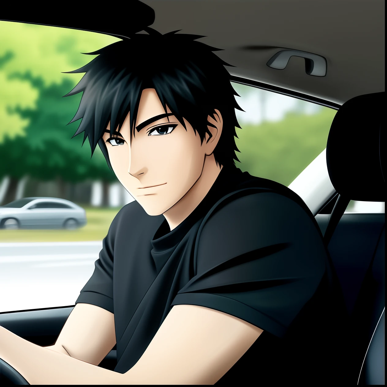 There's a man in a black shirt sitting in a car, anime , realistic animation style