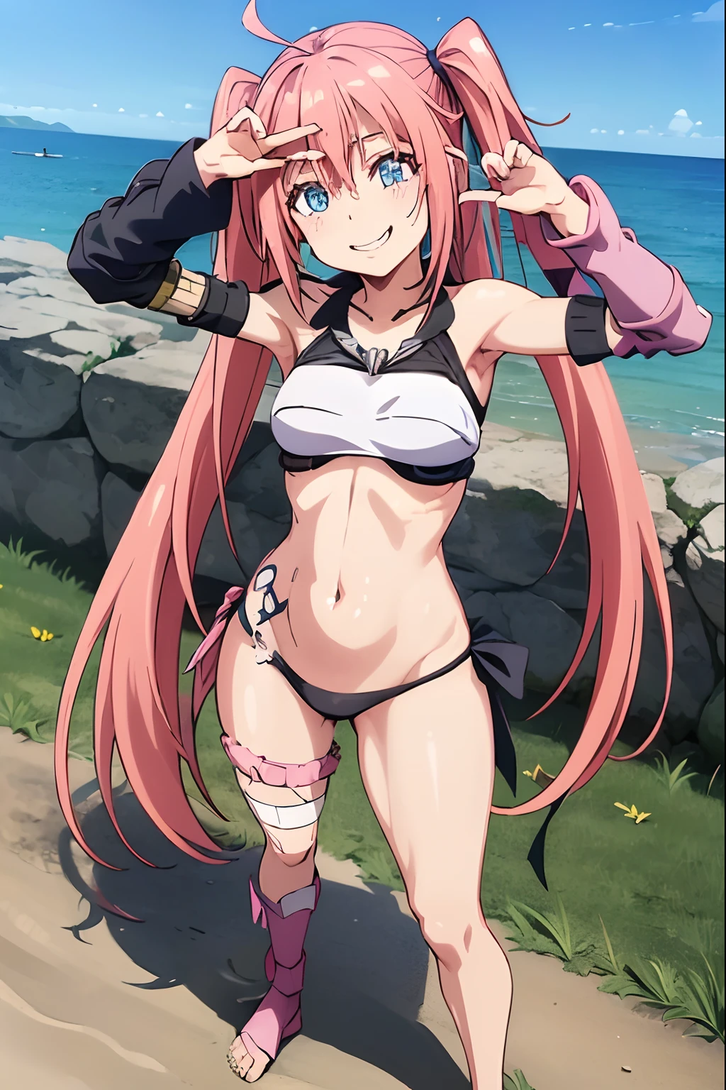 ((1 beautiful girl)), (very messy hair), (((piggy style))),(happy smile), fangs, (((Milim Nava with tension))), ((torn abdomen)), arms and toned legs, medium breasts, excessive sweating, (summer beach scene), (((bright blue eyes))), ((pink hair)), barefoot, (((standing))), 8k, very fingered o scenery, anime, faithful to the original, (((very well detailed and blue eyes))), ((on top of the rock doing the victory pose)), full body photo, original anime outfit