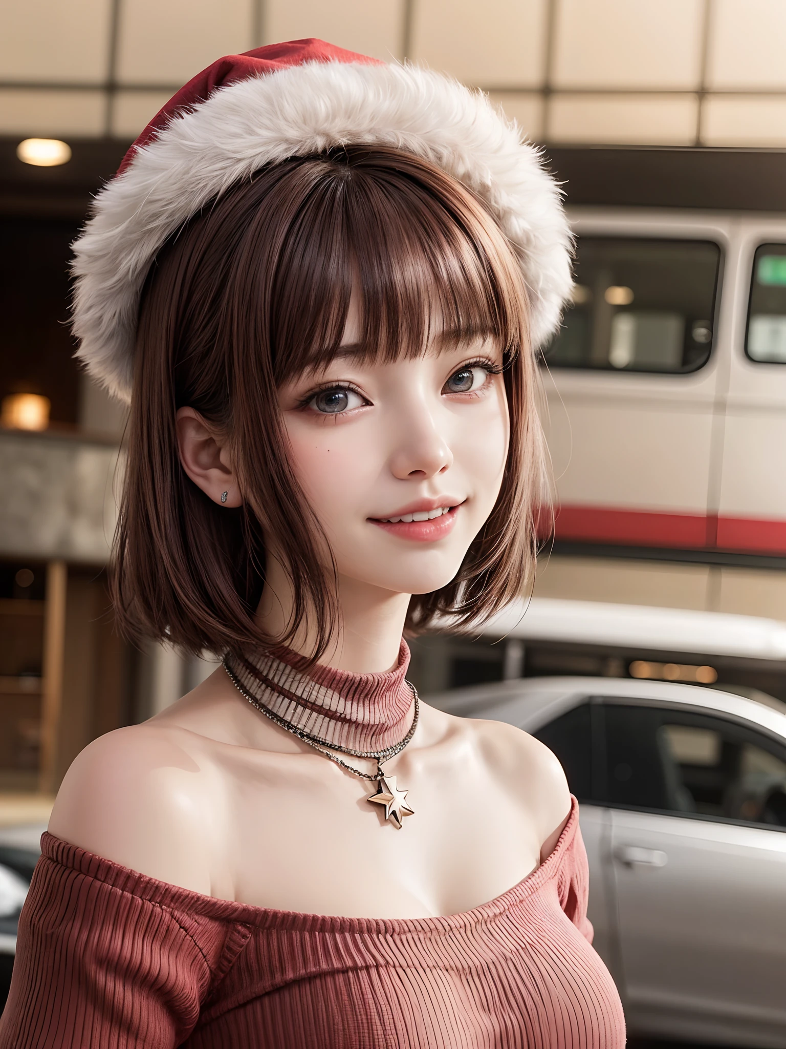 (masutepiece, top-quality、Very attractive adult beauty、Add intense highlights to the eyes、Look firmly at the camera、Beautiful woman full of adult charm、Ideal ratio body proportions),1girl in, 独奏, Light brown shiny hair, muffler,Santa Claus hat,realisitic, looking at the viewers, Bright colored crystal light blue eyes, short shiny hair, Santa Claus Color Star Neck Knit、 Santa Claus costume with turtleneck with a hole in the center of the chest,Sexy white turtleneck red knit sweater with round hole in the center of chest、 s lips, lipgloss,bangss, The upper part of the body、big eye、Lashes、The face is a little red、Embarrassing)、((Road system in Italy in winter))、((Shorthair with bangs、big eye、Put very strong highlights in your students、{Gigantic|Big|Huge|Mega} breasts、very Bigger breasts、gazing at viewer、Very beautiful beauty、Put your ears out、long neck、little smiling、Beautiful teeth、Open your mouth and smile))、28 year old、Very cute supermodel、