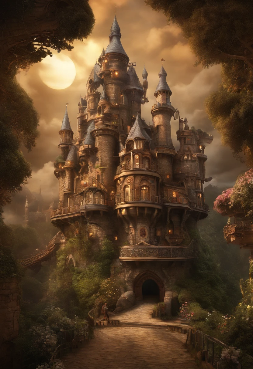 (fond blanc,Leave all sides blank,howl's moving castle:1.35),(Complex Steampunk Castle,pneu,tentacule,Cable,intelligence artificielle,Huge Mechanical Feet with Castle,Cyberpunk Mechanical Claws:1.45),Gorgeous Surreal Psychedelic Composition,Un monde fantastique de bonbons steampunk steampunk victorien merveilleusement charmant sous LSD, Magnificent, imposing castle, steam train, Balloon, Psychedelic & Colorful, CandyLand, Busy, Detailed, Psychedelic Art Design Style,
