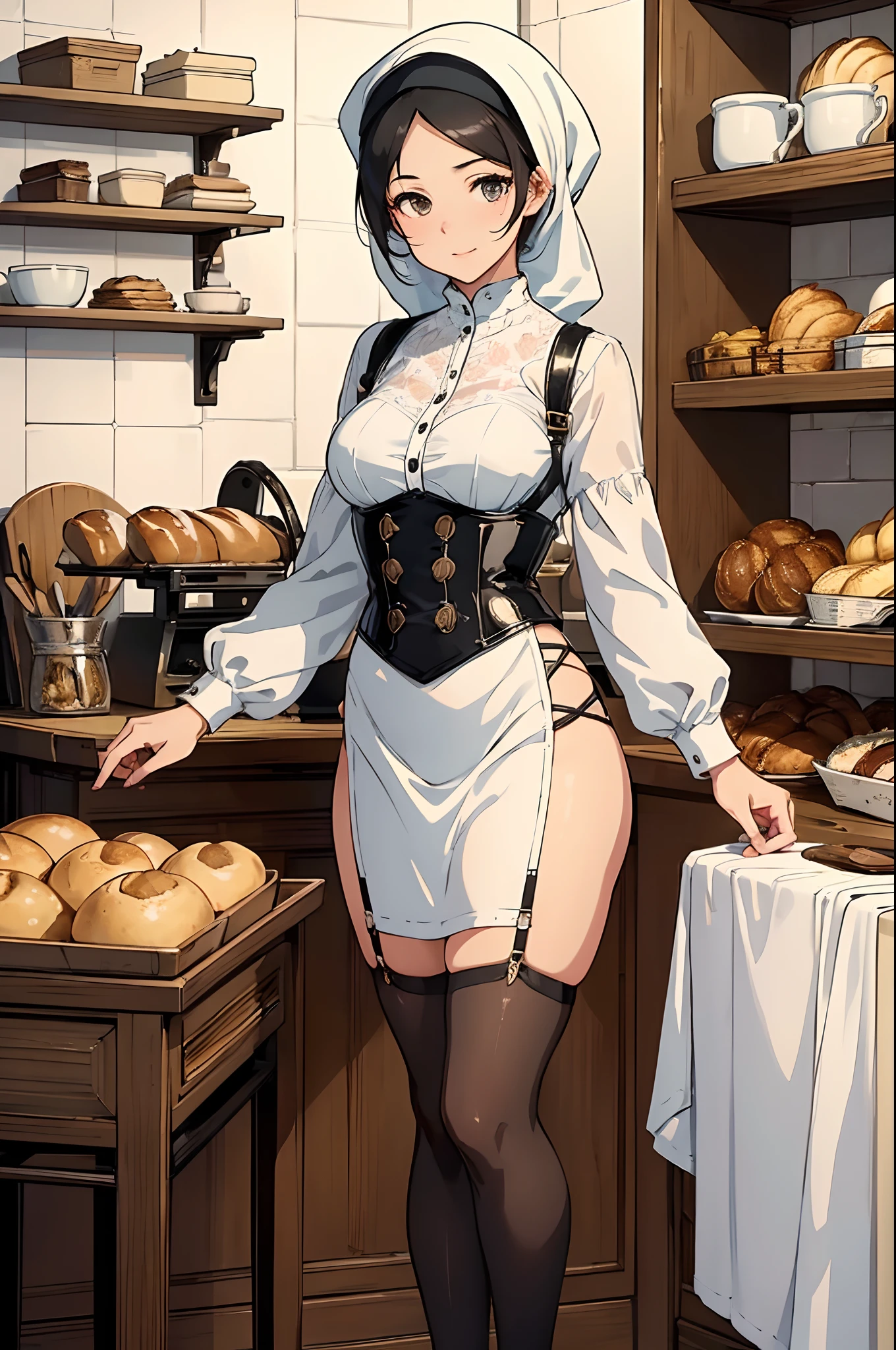 (best quality,4k,highres,masterpiece:1.2), ultra-detailed, realistic:1.37, vibrant colors, HDR, professionally captured,
woman in a hijab, detailed eyes and lips, gracefully standing, smiling, confident,
wearing a white pvc corset lingerie, fitting perfectly to her curves,
matching stockings, glossy and elegant,
stylish high heels, adding sophistication to her appearance,
working as a baker, passionate and dedicated in her craft,
beautifully handcrafted pastries and breads, freshly baked and perfectly arranged,
mouthwatering flavors and textures, artfully decorated,
surrounded by the aroma of freshly brewed coffee,
warm light from the oven illuminating the scene,
soft sunlight streaming through the windows,
meticulously crafted wooden shelves and vintage display cases,
artistic bakery interior with a touch of rustic charm,
subtle pastel color palette, creating a serene atmosphere,
delicate floral patterns on the tablecloth, adding a touch of femininity,
a glimpse of the bustling city outside, hinting at the bakery's urban charm,
a sense of joy and fulfillment in her eyes as she creates delicious treats,
capturing the beauty of her cultural identity and her passion for baking in one frame.