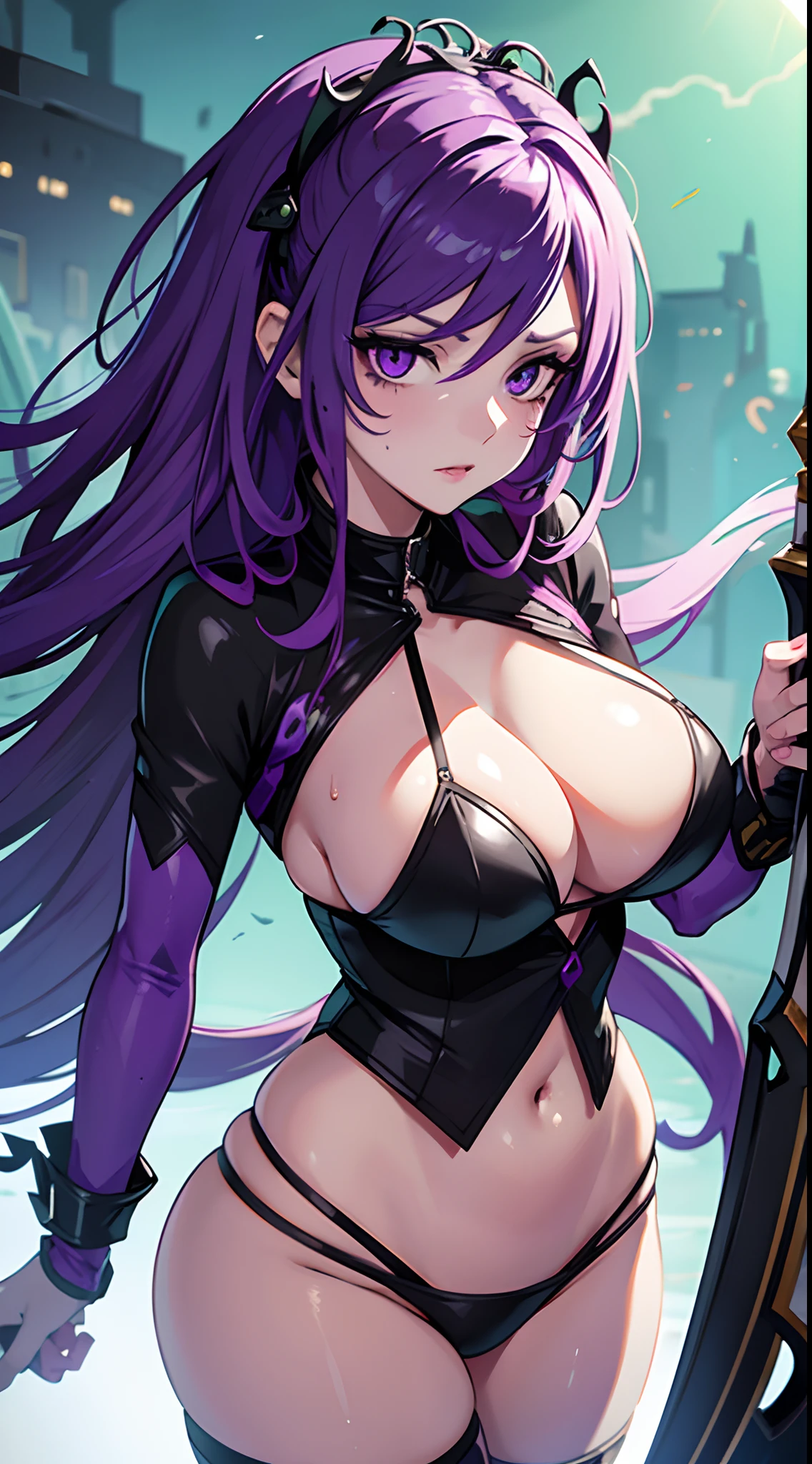 A female undead with purple hair, white eye, Wearing green undead staff, Wearing sweaty purple bikini, Undercity Background, Romance Emotion mood, Sassy, sexy, detailed eyes, detailed face,very detailed, High Detail.