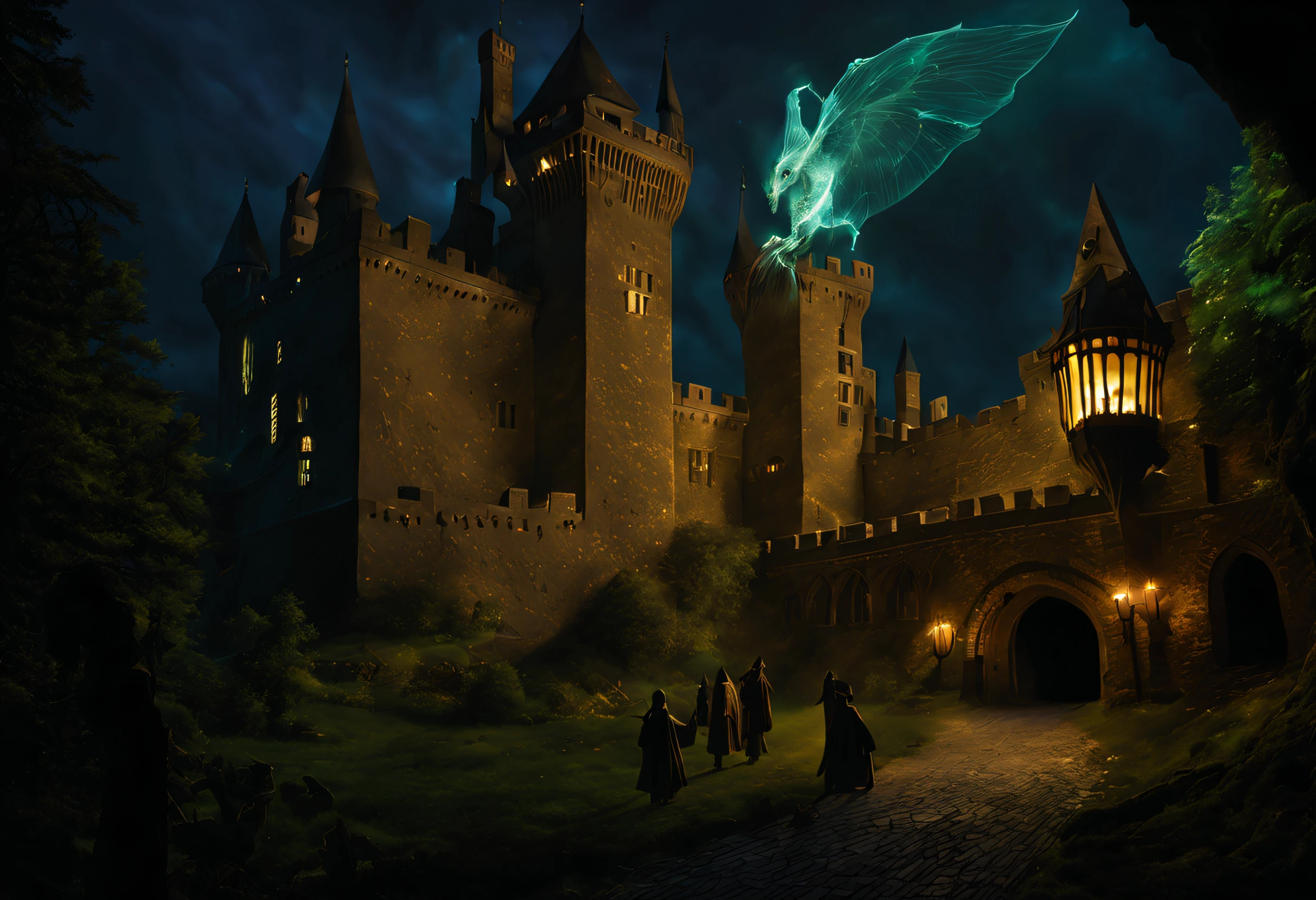 (A magical academy located in a 10th century castle: 1.3). (Magical creatures protect the environment: 1.2),(A magical academy located in a 10th century castle: 1.3). (Magical creatures protect the environment: 1.2). There are students dressed as wizards casting spells outside, a large wall protecting them from the gaze of unwanted spectators. (Image inspired by the Harry Potter series: 1.3), magical rays are seen everywhere, illuminated by a bioluminescent light, highly detailed, Tolkien style