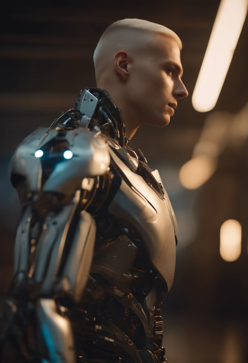 Young blond man shaved hair robotic, Unrealistic 8k engine rendering, fios e engrenagens, fotorrealista