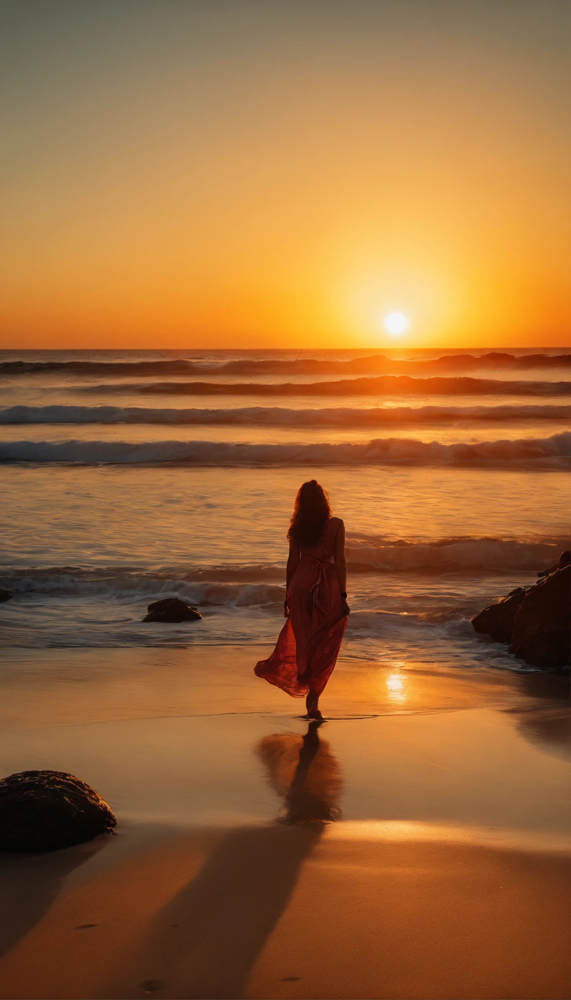 Uma linda mulher em uma praia olhando o por do sol