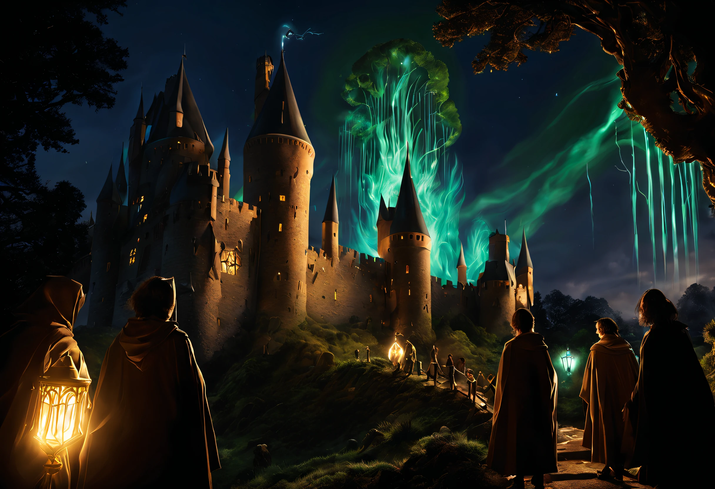 (A magical academy located in a 10th century castle: 1.3). (Magical creatures protect the environment: 1.2),(A magical academy located in a 10th century castle: 1.3). (Magical creatures protect the environment: 1.2). There are students dressed as wizards casting spells outside, a large wall protecting them from the gaze of unwanted spectators. (Image inspired by the Harry Potter series: 1.3), magical rays are seen everywhere, illuminated by a bioluminescent light, highly detailed, Tolkien style